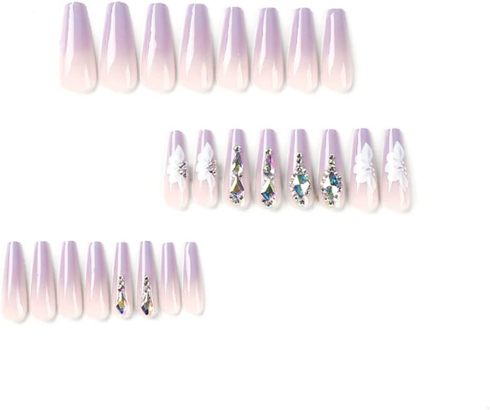 24Pcs Light Purple False Nails Long Coffin Shaped Ballet Fake Nails with Rhinestone Flower Pattern Design French Fake Nails for Women and Girls Nail Tips image number 3