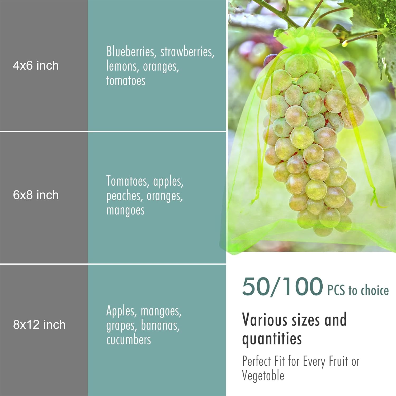 Fruit Protection Bags, Fetanten 50 PCS 6 X 8 Inch Mesh Drawstring Bag for Fruit Trees, Small Green Garden Fruit Plant Netting Cover Bag Protect Blueberry Tomato Apple Mango from Bird Insect Pest image number 6