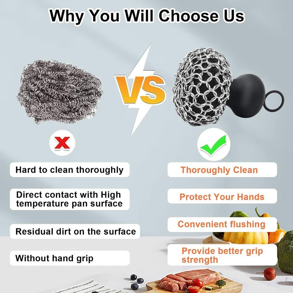 Cast Iron Cleaner Upgraded Handle Cast Iron Scrubber Brush Stainless Steel 316 Chain Mail Scrubber image number 3
