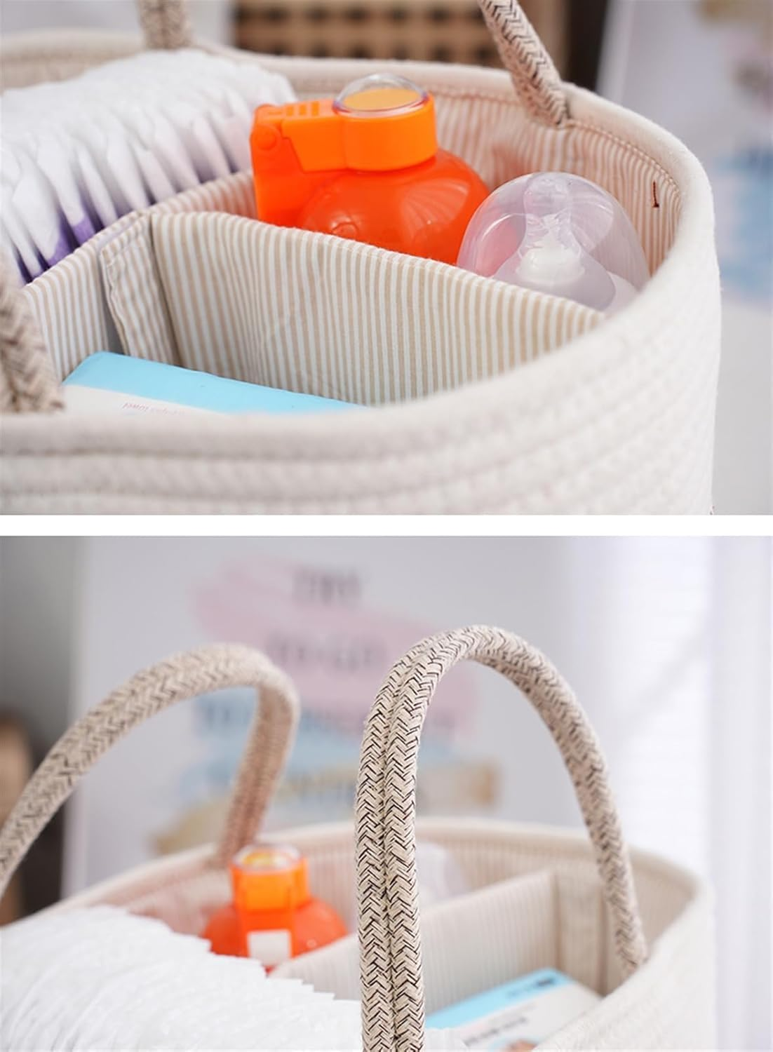 Baby Nappy Caddy Organizer, Nursery Storage Basket, Portable Car Organizer with Removable Inserts (Beige) - Cotton Rope Bohemian Design image number 1