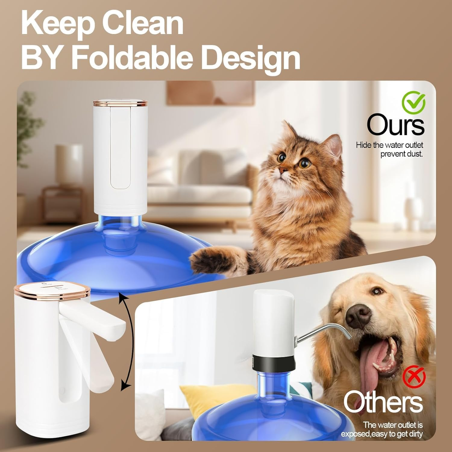 Water Dispenser for 5 Gallon Bottle, Foldable Portable Water Bottle Pump, USB Charging Electric Drinking Water Pump for Camping Essentials, Water Table Pump, Kitchen, Office, Picnic image number 4