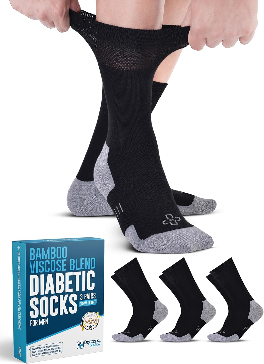 Doctor'S Select Bamboo Viscose Diabetic Socks for Men - 3 Pairs Crew Neuropathy Socks for Men | Diabetic Socks for Men 9-12