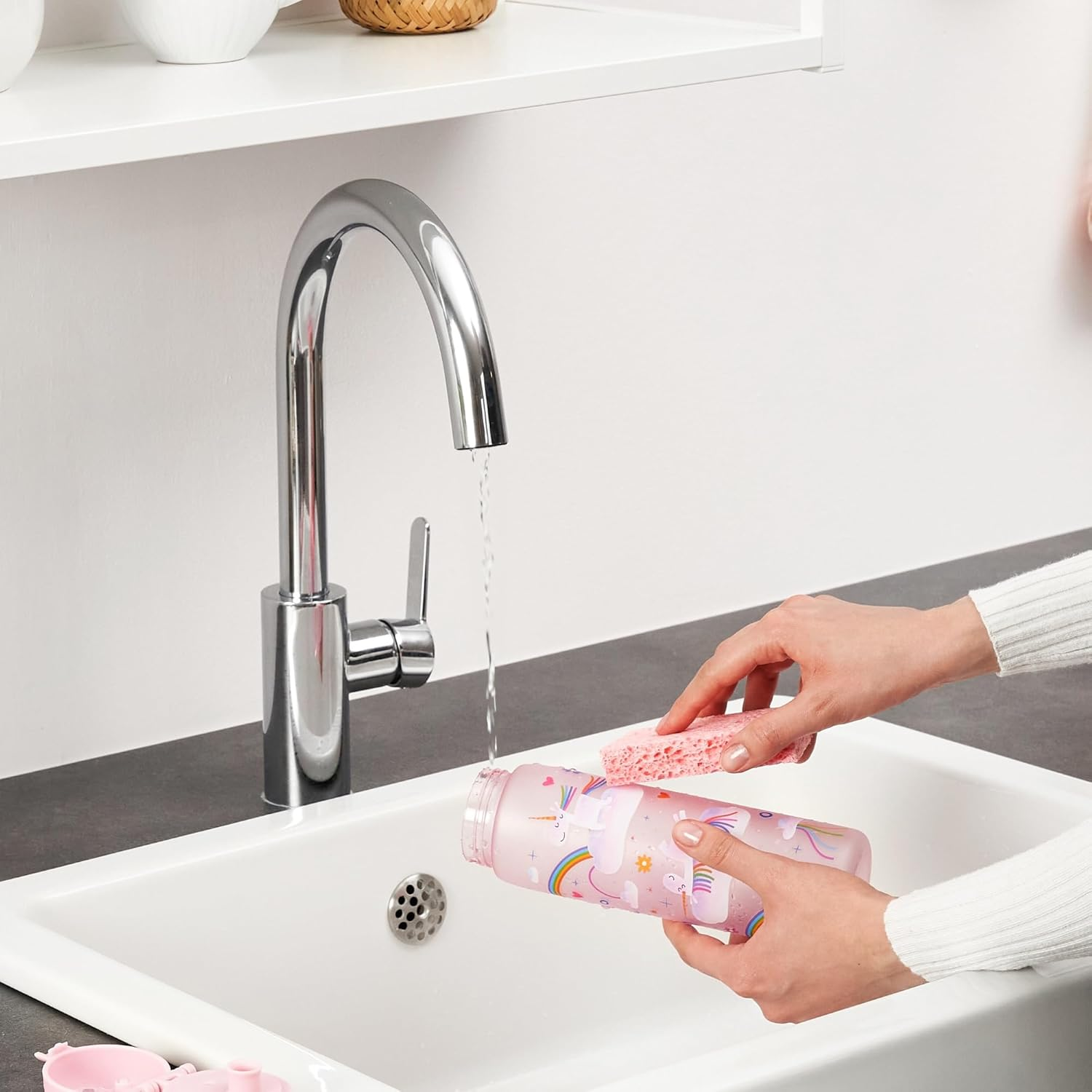 Ion8 Water Bottle, 500 Ml/18 Oz, Leak Proof, Easy to Open, Secure Lock, Dishwasher Safe, BPA Free, Hygienic Flip Cover, Carry Handle, Easy Clean, Odour Free, Carbon Neutral, Unicorn Rainbows Design - Pink image number 1