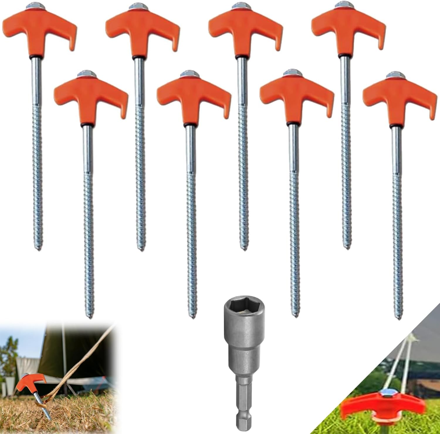 8Pack Tent Stakes-8&rdquo; Drill in Heavy Duty Ground Pegs Screw in Camping Stakes with Hex Head Driver Spikes Puller Protector Ratchet in a Carrying Bag for Camping Hiking, Hammocks Accessories (White)