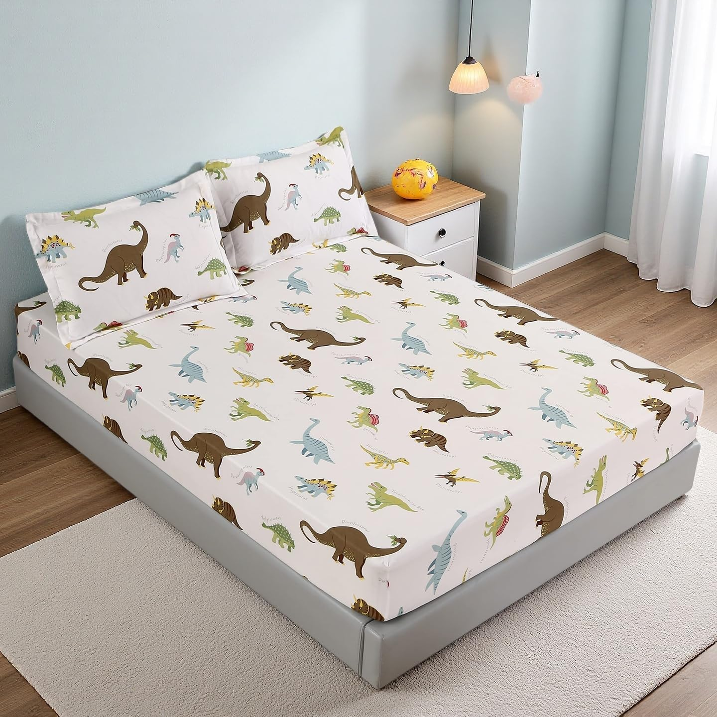 MAG 3PCS White Dinosaur Queen Size Bedding Sheet Sets Included 1*Fitted Sheet and 2 Pilowcase for Kids, Boys and Girls (Queen, White)