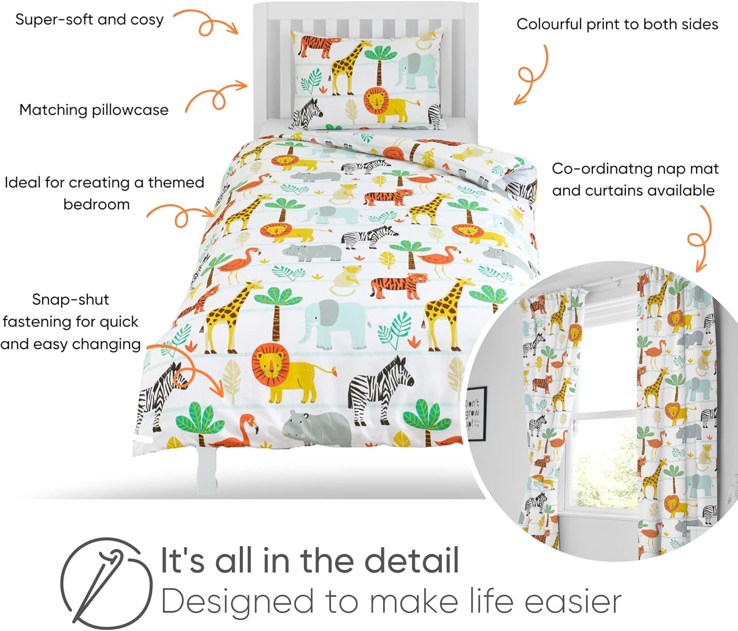 Bloomsbury Mill &ndash; Kids Single Bed Duvet Cover and Pillows Set &ndash; Kids Single Bedding for Boys and Girls &ndash; Safari and Jungle Animals Reversible Kids Duvet Cover and Pillow Case Set &ndash; 135 X 200 Cm image number 6