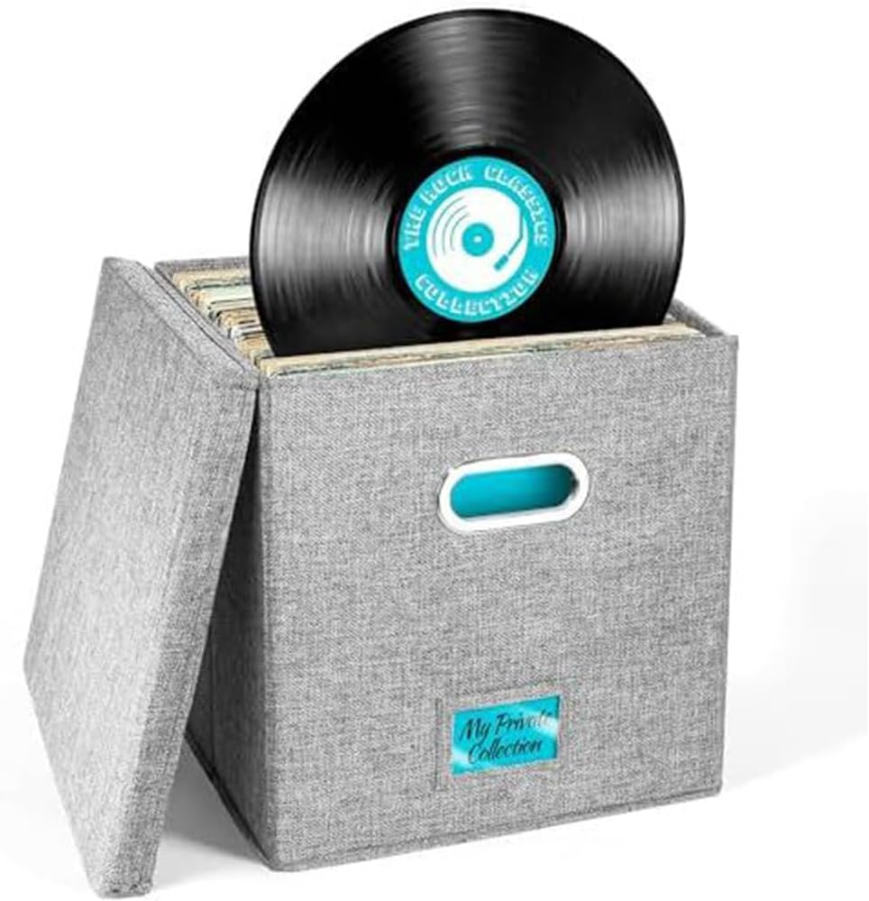 TOMVAES Vinyl Record Storage Box,Records Crate,Album Storage,Fabric Storage Boxes with Lids for Moving,Office,Closet,Home Organizer,33X33X33Cm,Grey image number 4