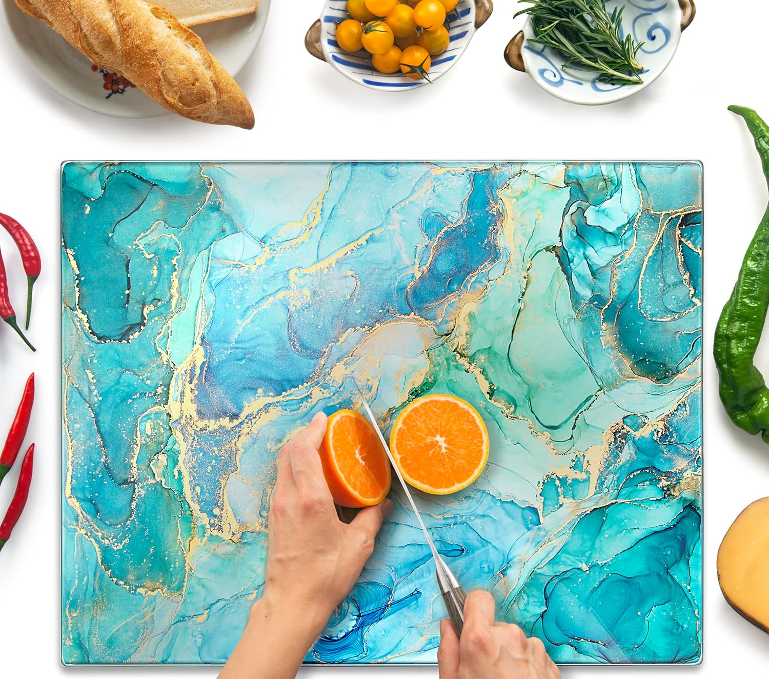 Glass Chopping Board 50 X 40 Cm - Hygienic Tempered Glass Chopping Board - Heat Resistant, Scratch Resistant & Non-Slip - Glass Top for Kitchen - Turquoise Ocean