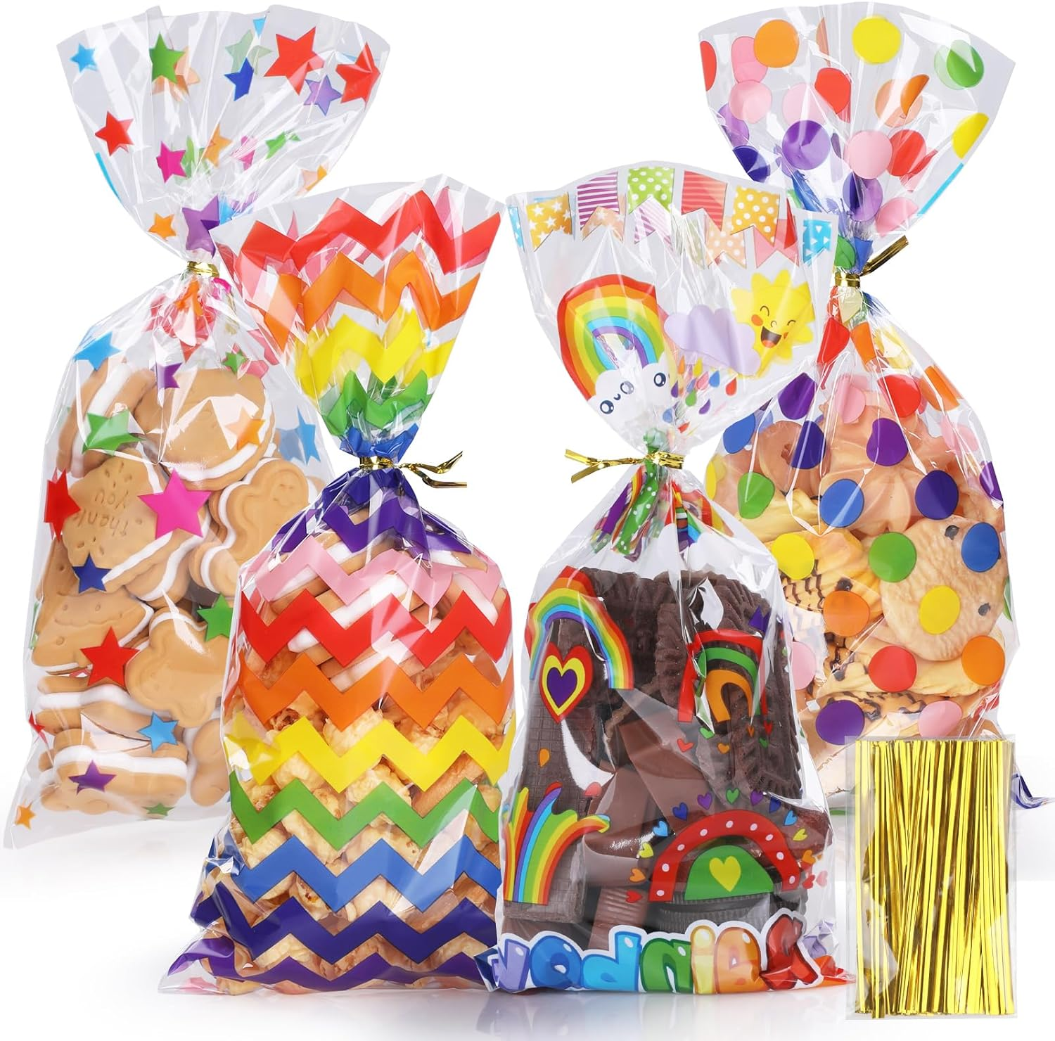 Bigqin 100Pcs Cellophane Treat Bags for Birthday 4 Patterns Plastic Candy Cookie Bags with Twist Ties Happy Birthday Party Favor Bags Goodie Bags(27 * 12.5Cm)