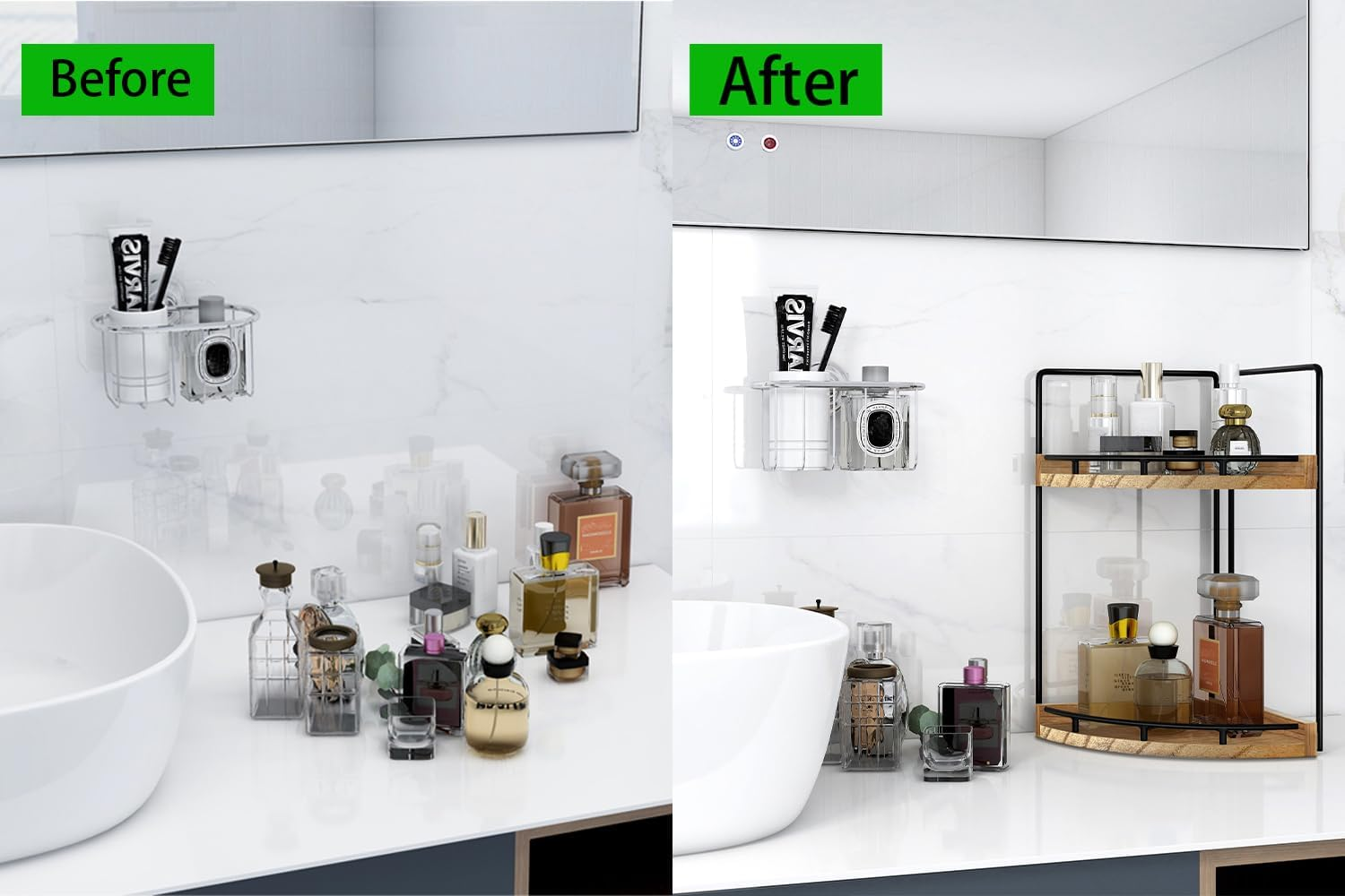 Dorhors 2-Tier Corner Bathroom Counter Organizer,Vanity Organizer,Counter Corner Shelf,Bathroom Storage and Organization,Skincare Organizers,Wood Countertop Organizer for Kitchen (Brown) image number 6