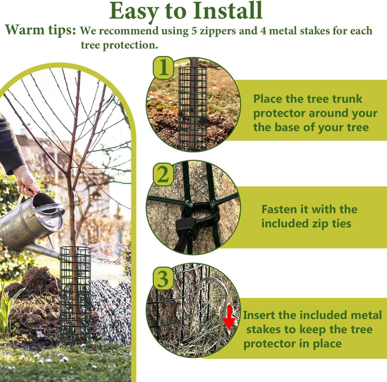 Tree Trunk Protector, 12 Pack Metal Mesh Tree Bark Protector 5'' Dia X 16-1/2'' H with Zip Ties & Stakes, Expandable Tree Guards Trunk Protector, Tree Protectors from Deer, Trimmers (12 Packs)