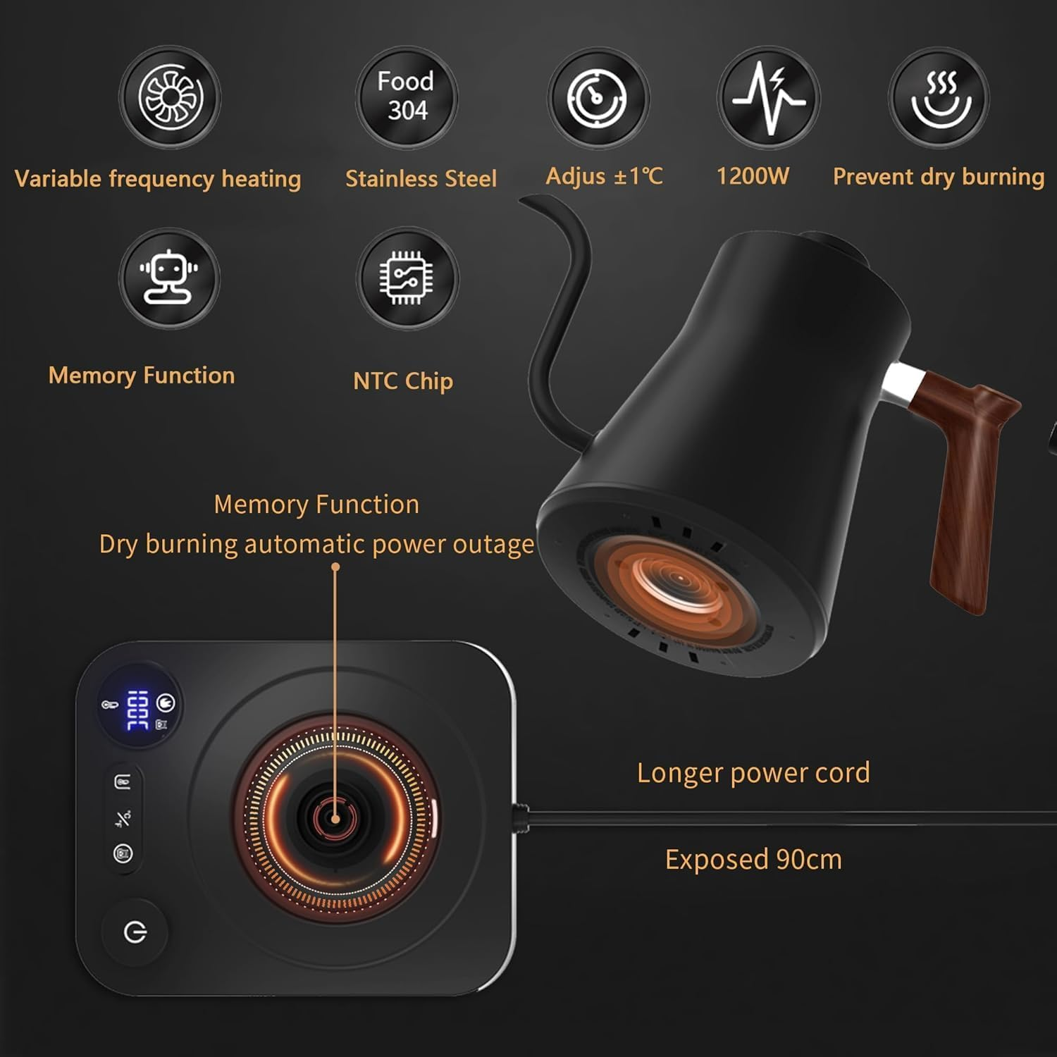 Electric Gooseneck Kettle with LCD Display, Real-Time Temp Control Hot Water Boiler to Pour over Coffee, Milk, Tea, Switchable ℉/℃, 1200 Watt Quick Heating Pot, 0.9L, 304 Stainless Steel image number 5