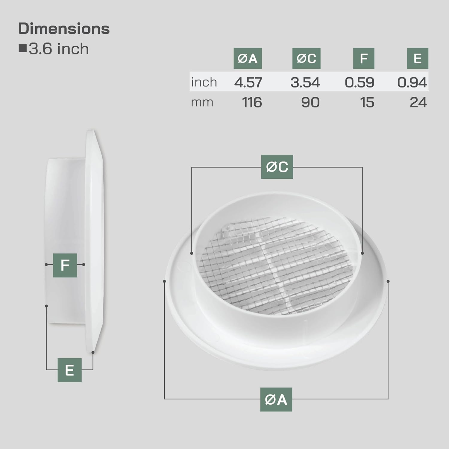 Vent Systems 2 Pack 90Mm White Air Vent Cover - round Air Vents - Grill Cover - Integrated Insect Protection - HVAC Vents for Bathroom, Home Office, Kitchen image number 2