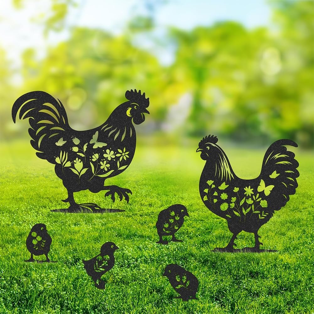 Black Metal Rooster Garden Statues &ndash; 6PCS Chicken Yard Art, Durable Outdoor Decor for Lawn, Patio, and Farmhouse. Lifelike Hen and Rooster Silhouette Stakes image number 2