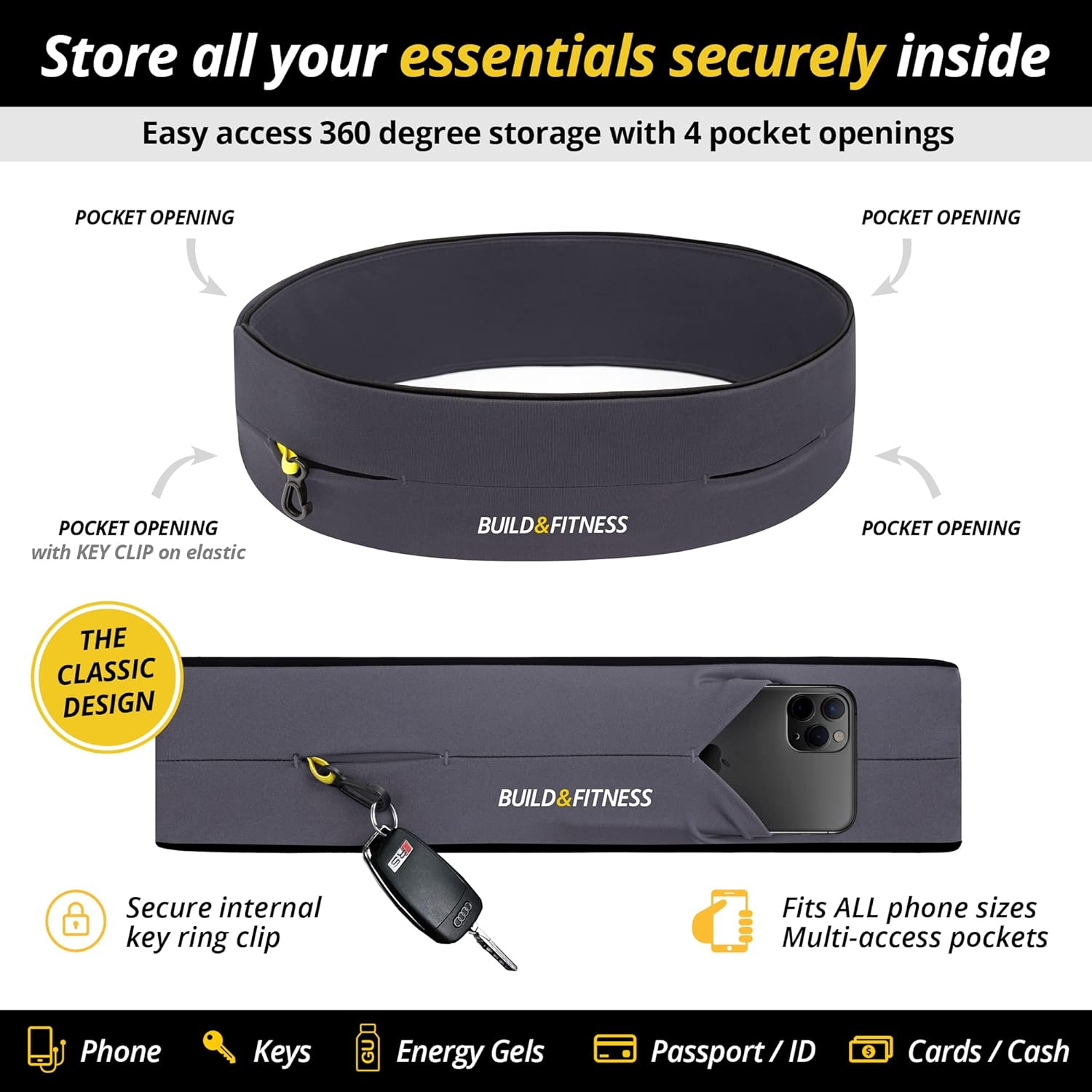 Running Belt, Fitness Belt, Flip Waist Belt with Key Clip, Fits All Phone Sizes. Unisex. for Gym Workouts, Exercise, Cycling, Walking, Jogging, Marathons, Yoga, Sport, Travel & Outdoor Activities