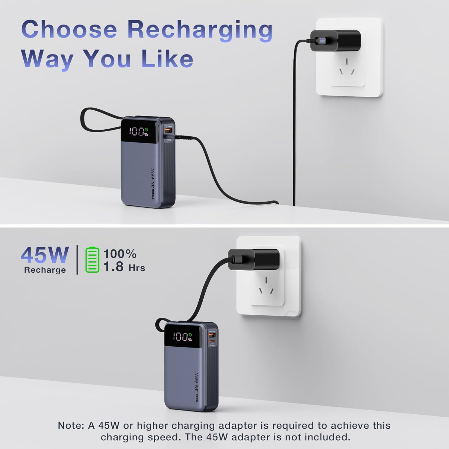 TOUGH on 65W Power Bank, 20000Mah Laptop Portable Charger with Built-In USB-C Cable, USB-C PD Fast Charging Battery Pack for Macbook Dell XPS Ipad Iphone 17 16 15 Samsung S25 S24 S23 S22 Steam Deck