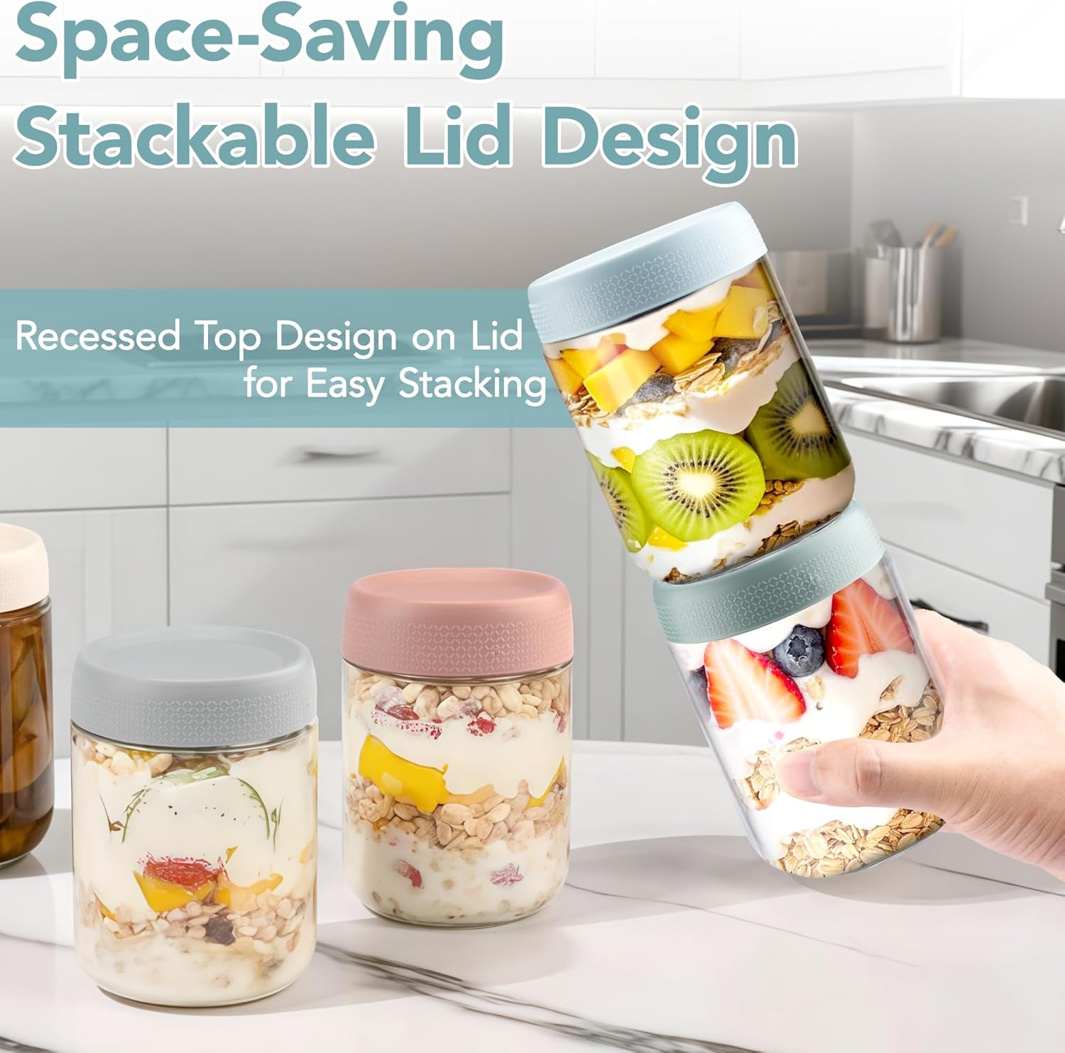 6-Pack Overnight Oats Containers with Lids, 473Ml/16Oz Clear Glass Jars with Airtight Lids, Wide Mouth Mason Jars, Food Storage Containers for Meal Prep Chia Spice Cereal Snacks Yogurt Salad Sugar