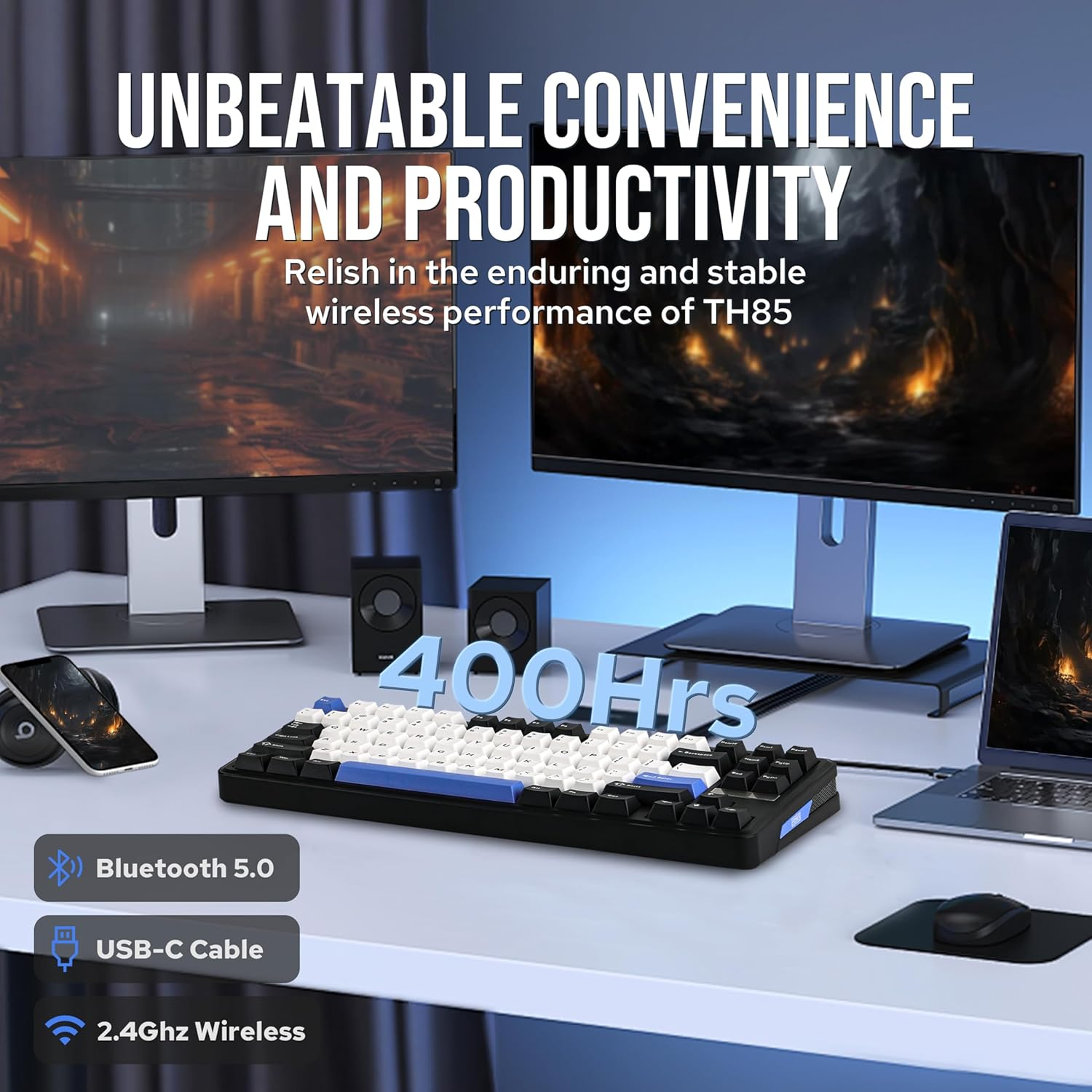 EPOMAKER TH85 QMK/VIA Wireless Mechanical Keyboard, Usb/2.4Ghz/Bluetooth Gaming Keyboard, Hot Swappable Custom Keyboard, Gasket Creamy Keyboard for Pc/Mac/Office/Gaming (Black&White&Blue) - Black image number 6