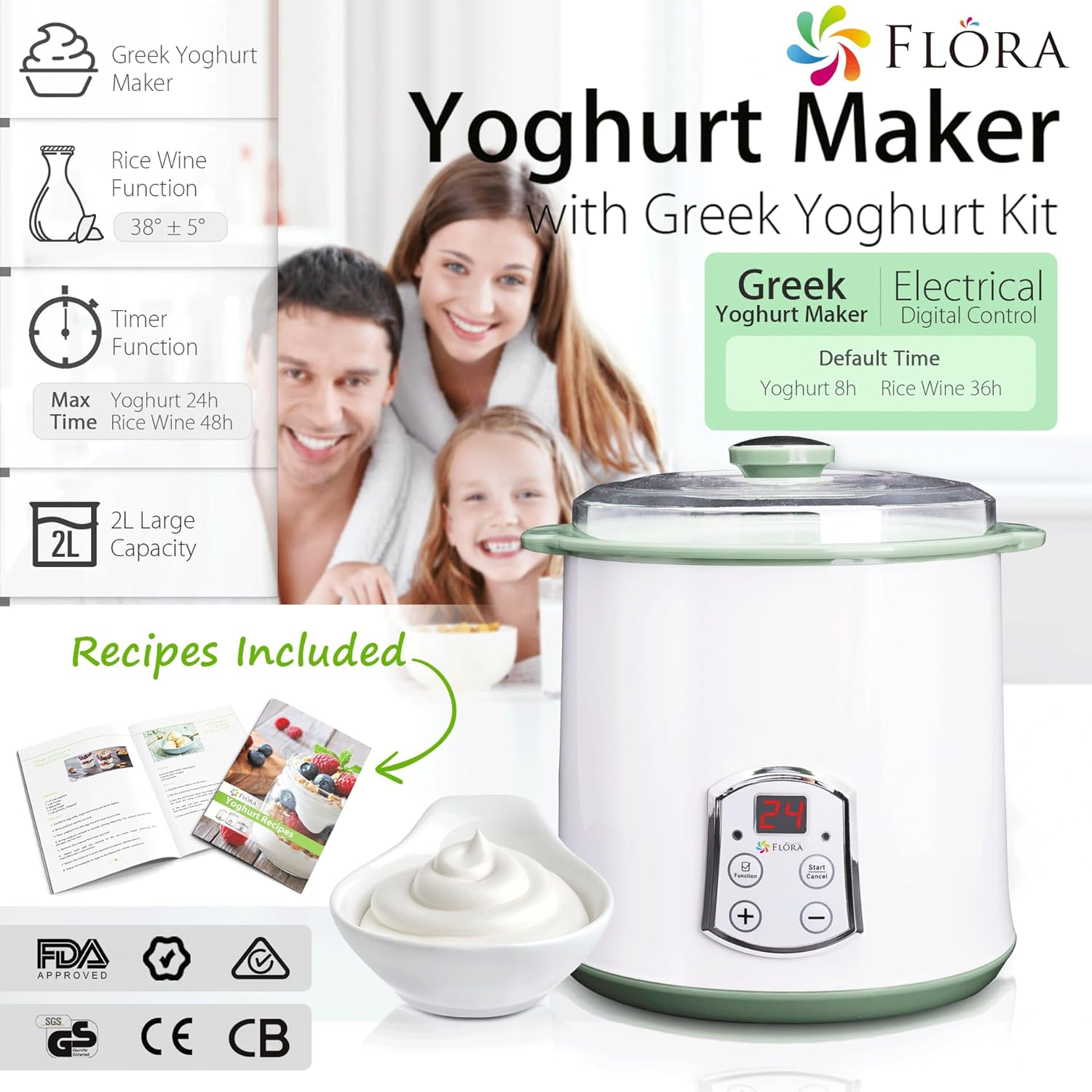 Flora Greek Yoghurt Maker Machine- Electric Yogurt Making with 2L Capacity-Automatic Function-Kitchen Tool for Rice Wine DIY Food Grade Machine-Fl-Yme-120 image number 3