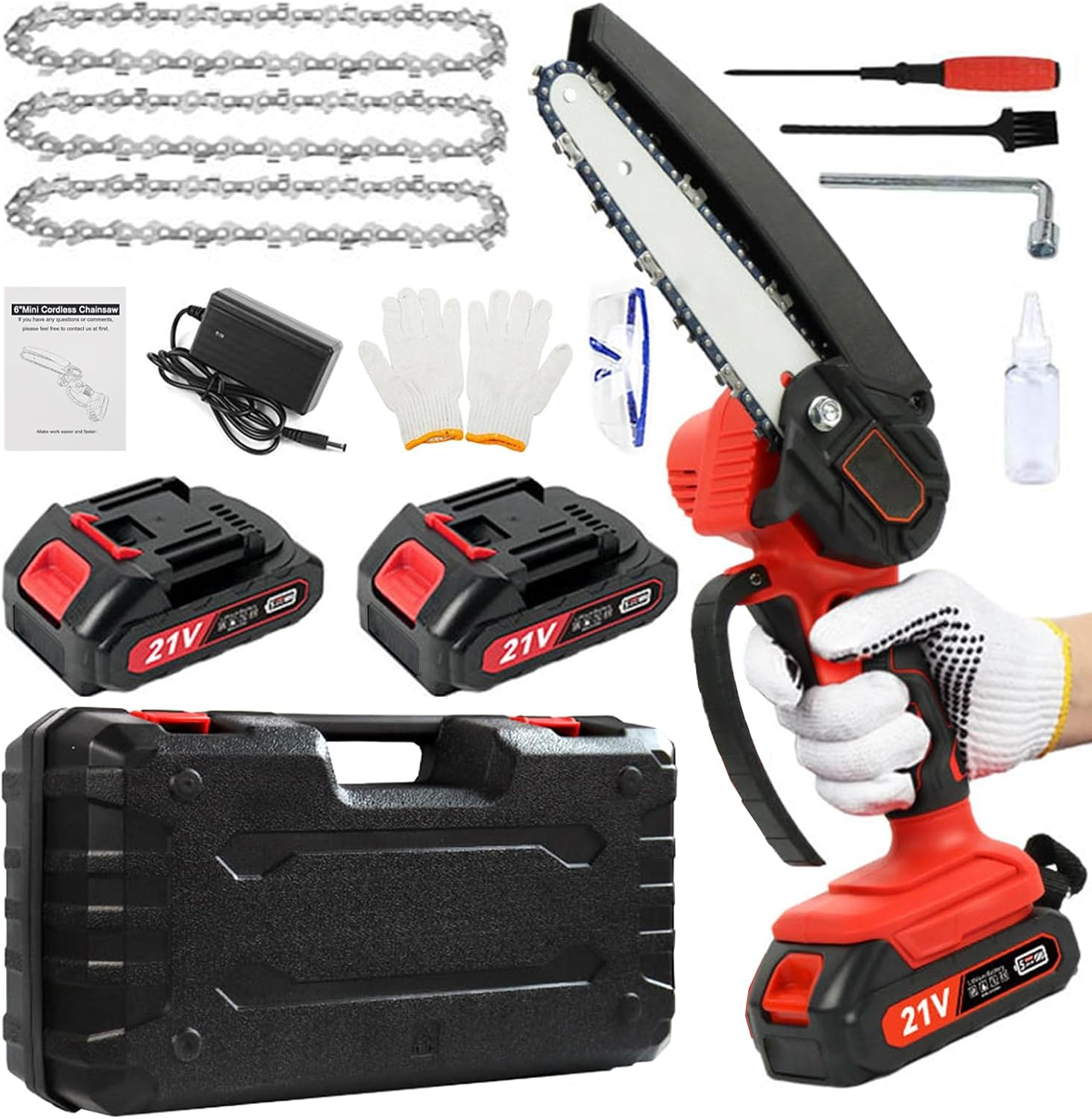 TFMOJHST Super Saw Mini Chainsaw Cordless 6 Inch,Mini Electric Chainsaw Cordless Pruning Saw，With 2Pcs Batterie&3 Chains Handheld Chainsaw Battery Powered,Small Chainsaw for Wood Cutting Trimming-Red