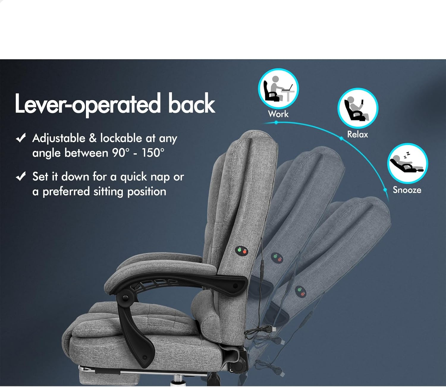 ALFORDSON Office Chair with 2-Point Massage, Ergonomic Computer Chair with Footrest Executive Fabric Home Desk Chair High Back Recliner Chair, Fabric Grey image number 6