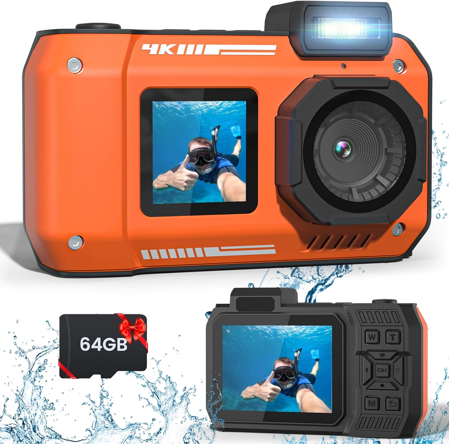 33FT Underwater Camera 4K 48MP Waterproof Camera Rugged Dustproof Shockproof, Autofocus Selfie Dual-Screen Underwater Camera for Snorkeling Diving Sport Floatable Digital Camera with 64G Card (Orange) image number 3
