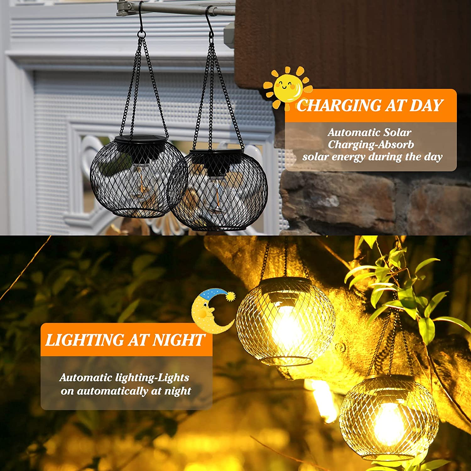 Kagoling Solar Lantern Outdoor, Upgraded Hanging Solar Lights Outdoor Garden Metal Hanging Lanterns Decorative Lighting Solar Powered Waterproof Tree Lantern for Garden Yard Patio Pathway, 2 Pack image number 6