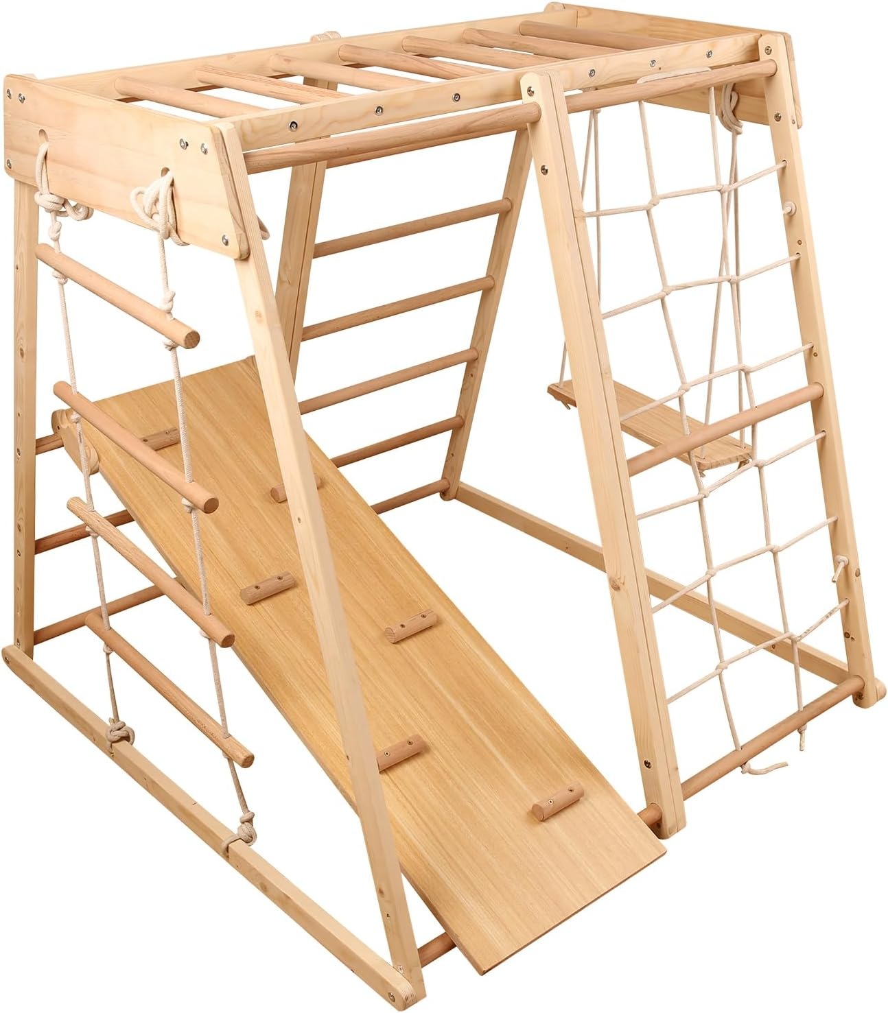 Climbing Frame,Toddler Montessori Wood Playset 9-In-1 with Slide,Toddler Slide,Swing,Jungle Gym,Swedish Ladder,Monkey Bars,Rope Ladder,Rock Wall Dome for Kid Ages 1-7 New Ogelo