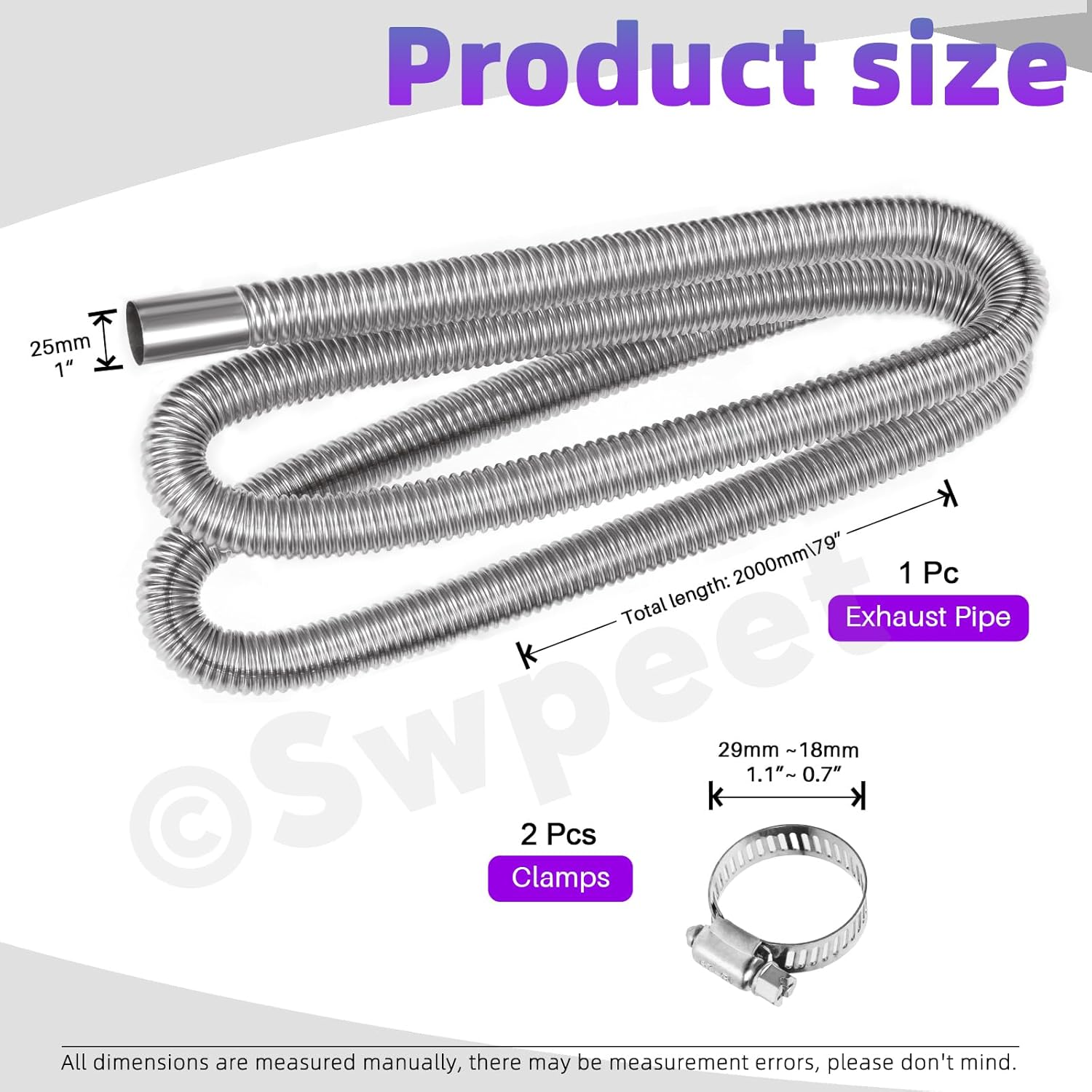 Swpeet 3Pcs 1" X 79" - 25Mm X 200Cm Stainless Steel Diesel Heater Exhaust Pipe with 18Mm-29Mm Hose Clamps Kit, Fuel Tank Air Heater Diesel Gas Vent Hose Exhaust Tubing for Car Vehicle image number 1