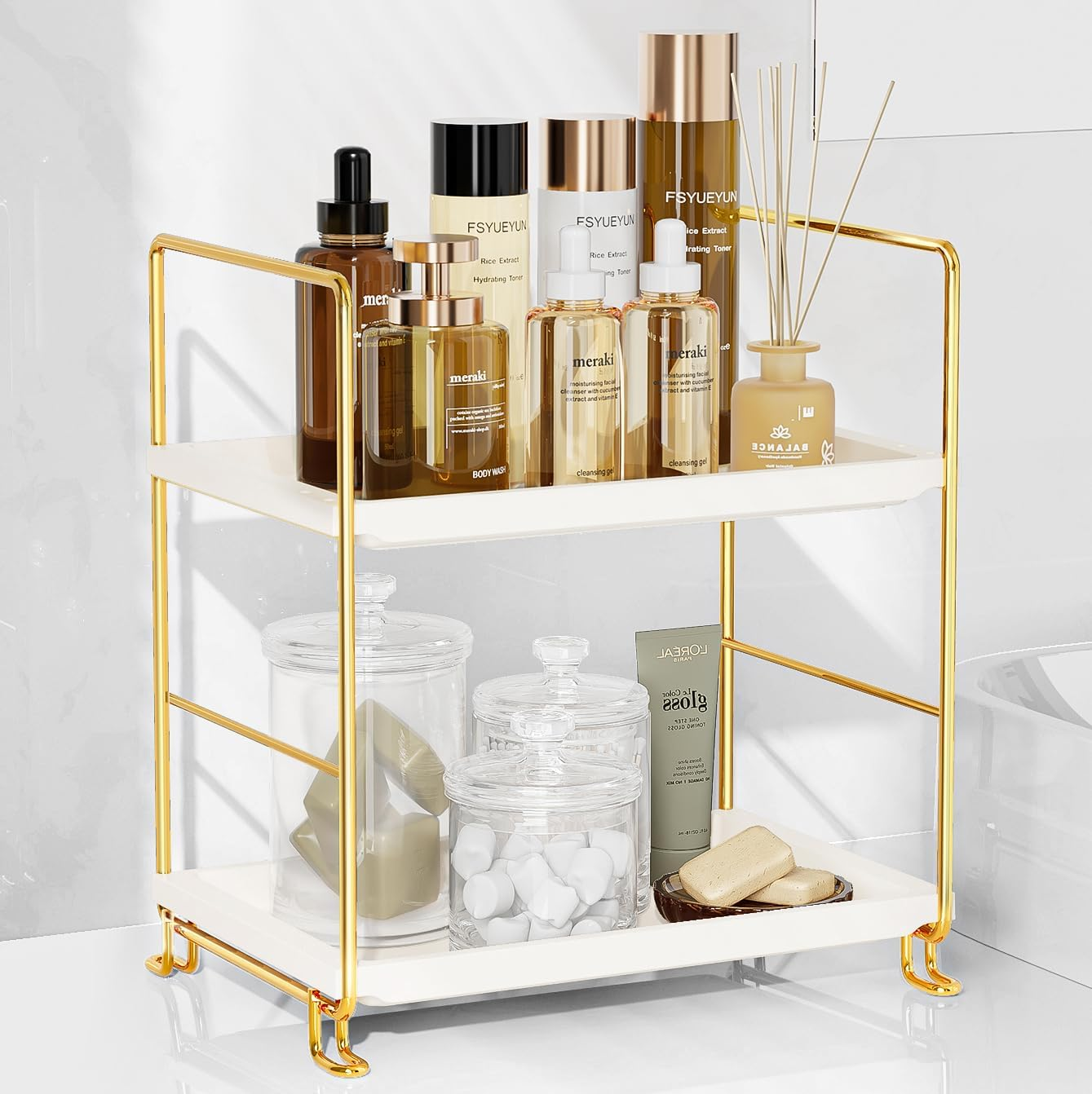 Fsyueyun 2-Tier Makeup Shelf Organizer, Kitchen Spice Rack or Bathroom Countertop Organizer Vanity Bedroom Storage Tray (Gold)