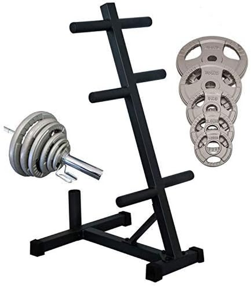 HCE Olympic Weight Plates and Bar Holder - Tree Rack Olympic Barbell Weights Storage with 6 Weights Holder and 1 Standing Bar Holder - Max Capacity of 350Kgs - Heavy-Duty Steel Fitness Gym Equipment Organiser