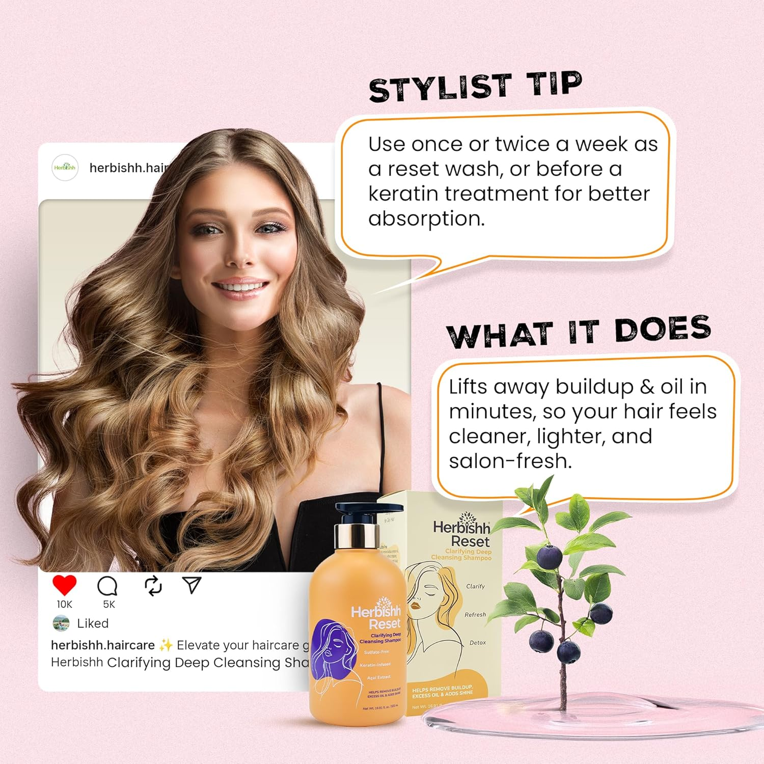 Herbishh Clarifying Deep Cleansing Shampoo (16.91 Fl Oz) Shampoo for Oily Hair & Build Up, Oil Control Cleanser for Women, Color Safe Formula for Curly & Color Treated Hair image number 4