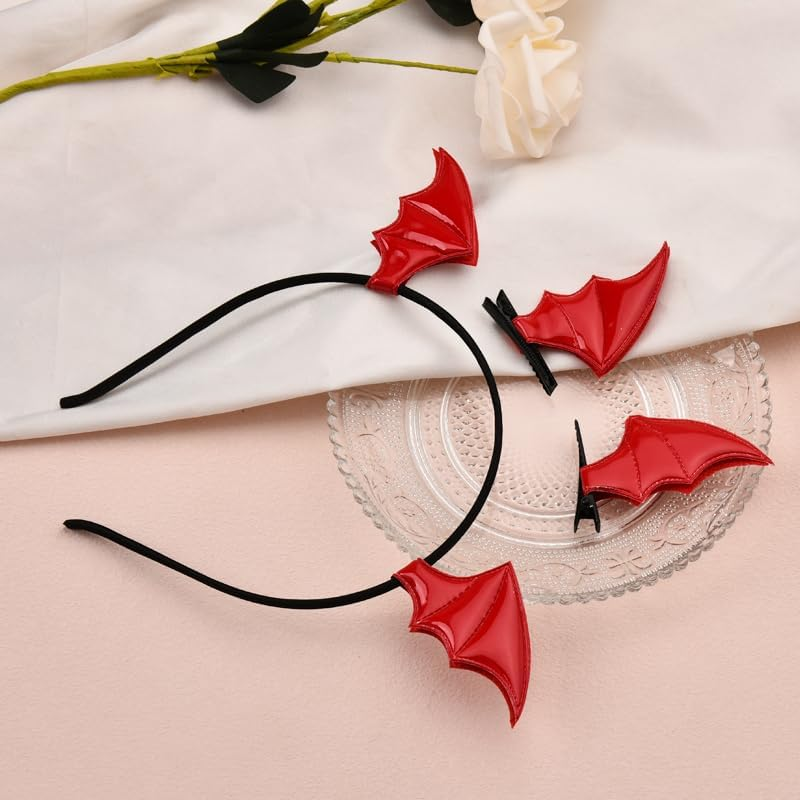 Bat Wings Hair Accessories Halloween Headband for Girls Red Bat Wings Hair Clips for Halloween Cosplay Costume Devil Bat Headbands Headpieces for Bat Barrettes for Women Halloween Party Decorations image number 3