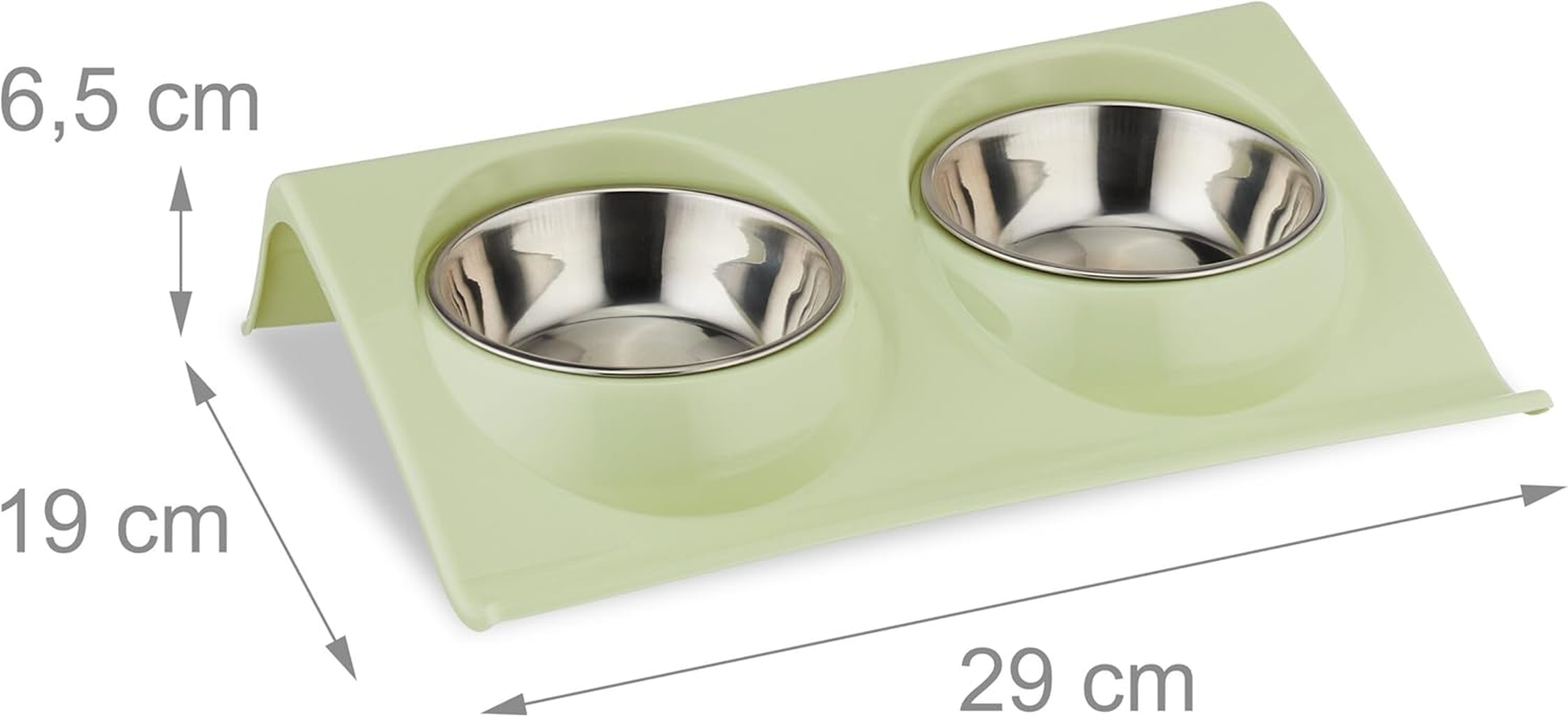 Relaxdays Double Bowl, 2 Feeding Bowls, 150 Ml, Cat Feeding Bowl Set, Raised Water Bowl, H X W X D 6.5 X 29 X 19 Cm, Green/Silver
