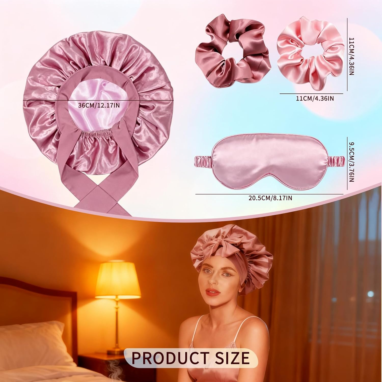 Langtaojin Silk Bonnets Collection:Double-Laver Hair Bonnet. Eye Mask & 2 Hair Ties for Overnight Care & Comfort. Soft Silk Bonnet for Comfortable Sleep Pink image number 3
