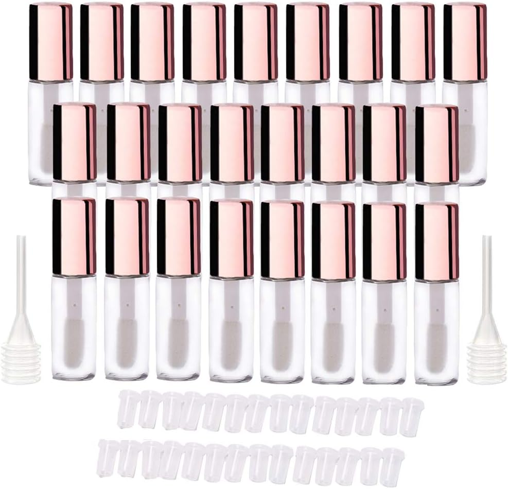 LTKJ 25 Pack 1.2 Ml Pretty Empty Lip Gloss Tubes Containers, Clear Mini Refillable Lip Balm Bottles with Rubber Inserts and 3Pcs Transfer Pipettes for Lip Samples Travel DIY Makeup (Rose Gold) image number 2