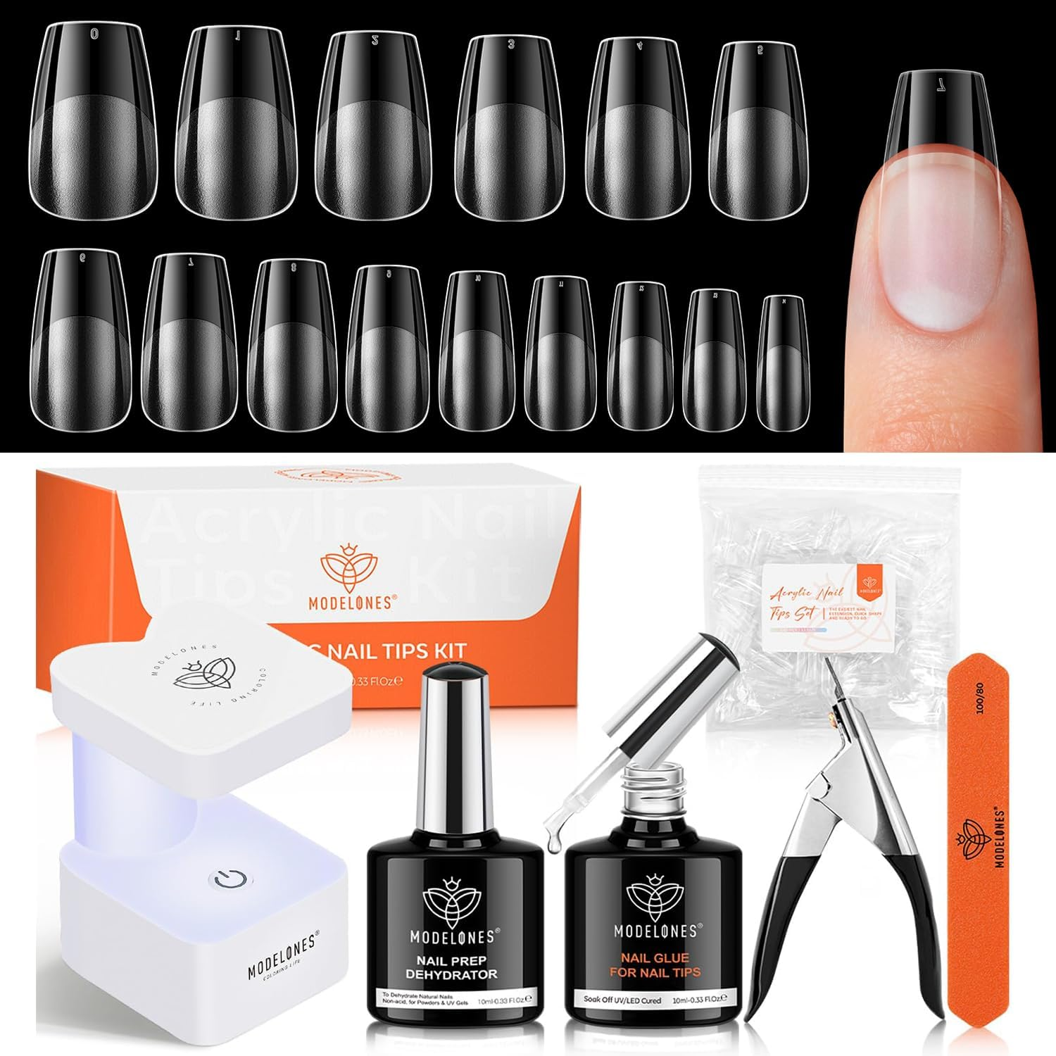 Modelones Gel Nail Kit Short Coffin, Upgrade 510Pcs Fake Nails 15Sizes, 9-In-One Glue Prep Dehydrator & Mini U V Light Clipper, Pre-Shaped Half Matte Press on Short Coffin Tips for DIY Salon