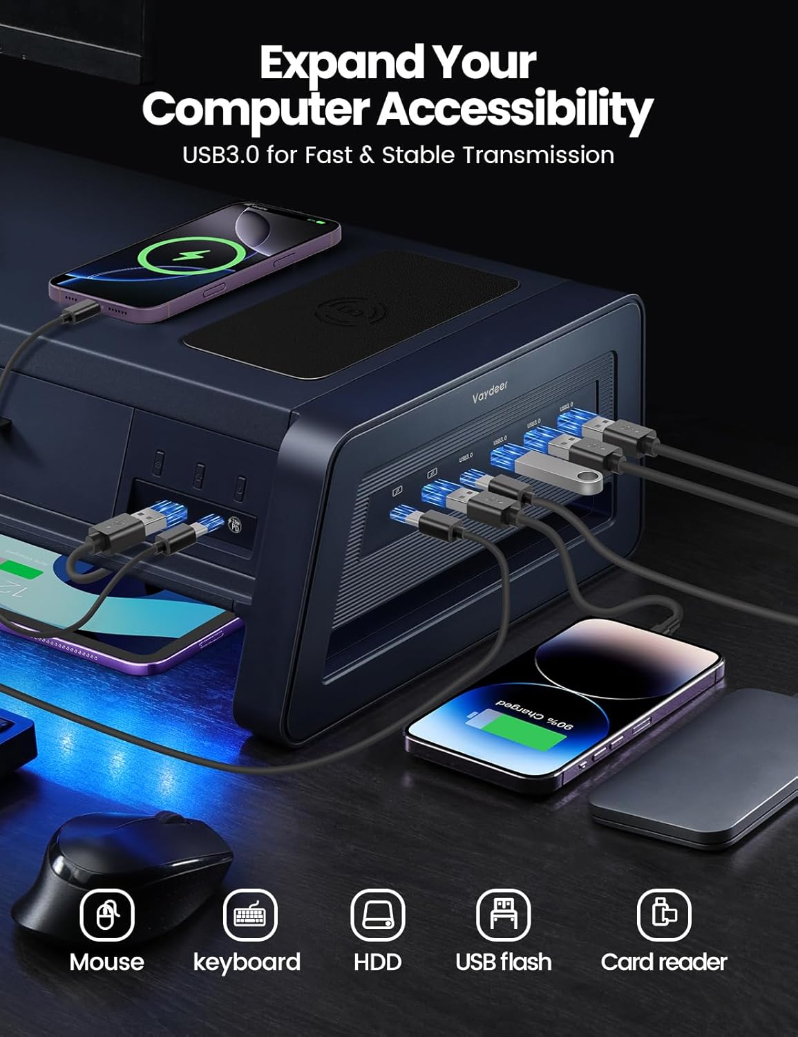 Vaydeer All-In-One Dual Monitor Stand Riser with 2 Drawers, 8USB Ports and Wireless Charging Pad with LED Light Strip for 2 Monitors , Desk Organizer for PC, Imac (Metal, 39.3 Inches) image number 4