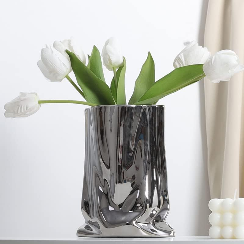 Sliver Ceramic Vase - 9.1 Inch Tall Flower Vase Minimalist Nordic Style for Home Decor, Centerpiece Vases for Wedding Dinner Table Party Living Room Office Bedroom image number 4