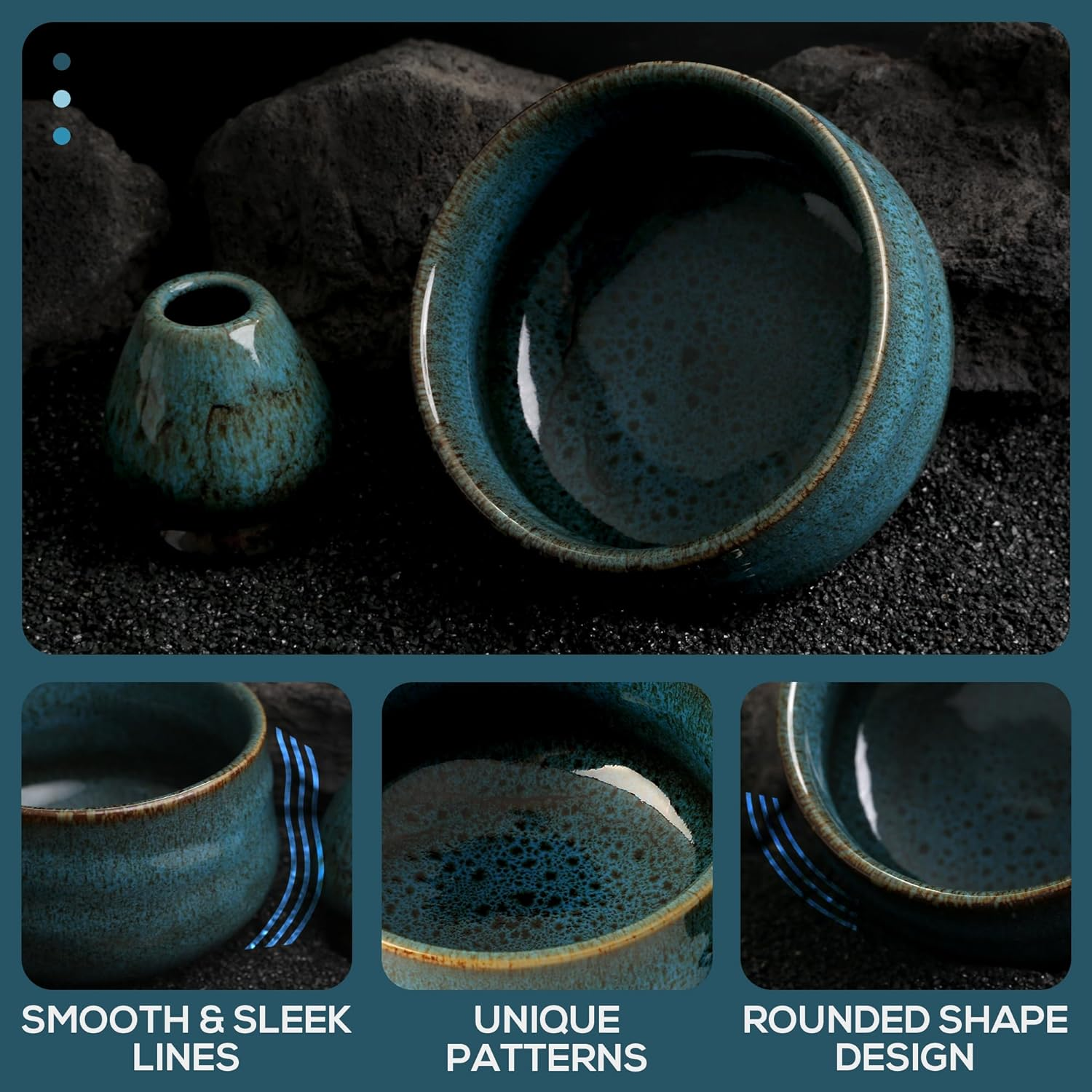 Japanese Matcha Bowl, Glazed Ceremonial Matcha Bowl with Whisk Holder for Matcha Powder/Matcha Tea/Japanese Matcha (Blue) image number 1