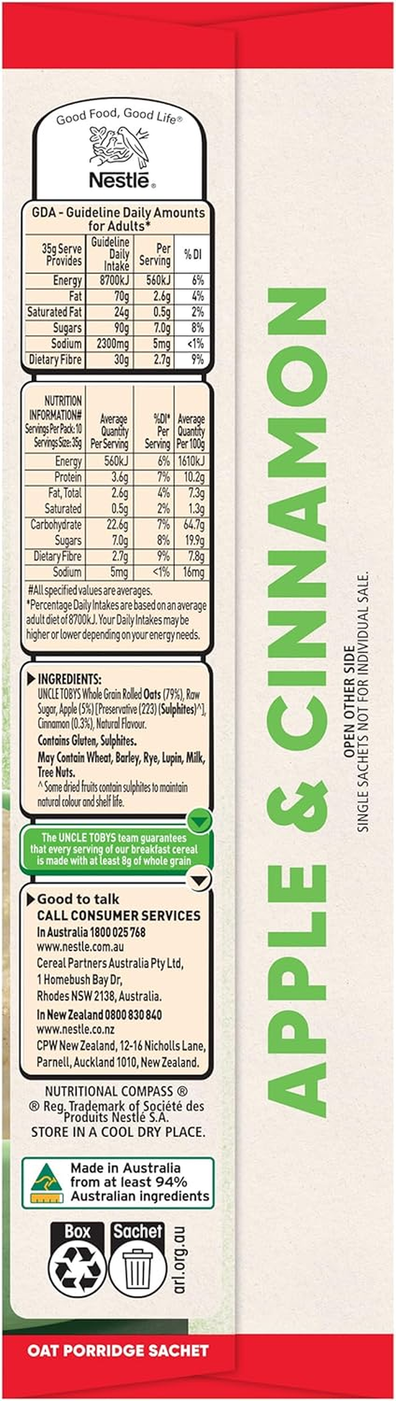 UNCLE TOBYS Oats Quick Sachets Apple & Cinnamon, 10 Sachets image number 1