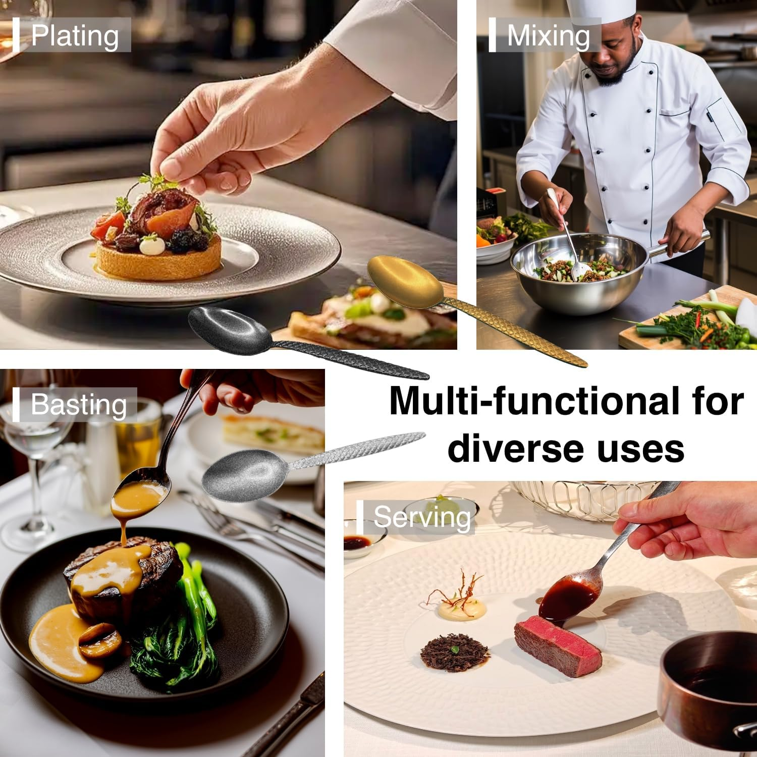 Bonigour Chef Kunz Spoons - 18/10 Stainless Steel Professional Set for Basting, Plating, Quenelle, Serving, Sauces| Vintage-Inspired Chef Spoon Set| Culinary Plating Tools with Non-Slip Grip (Black)