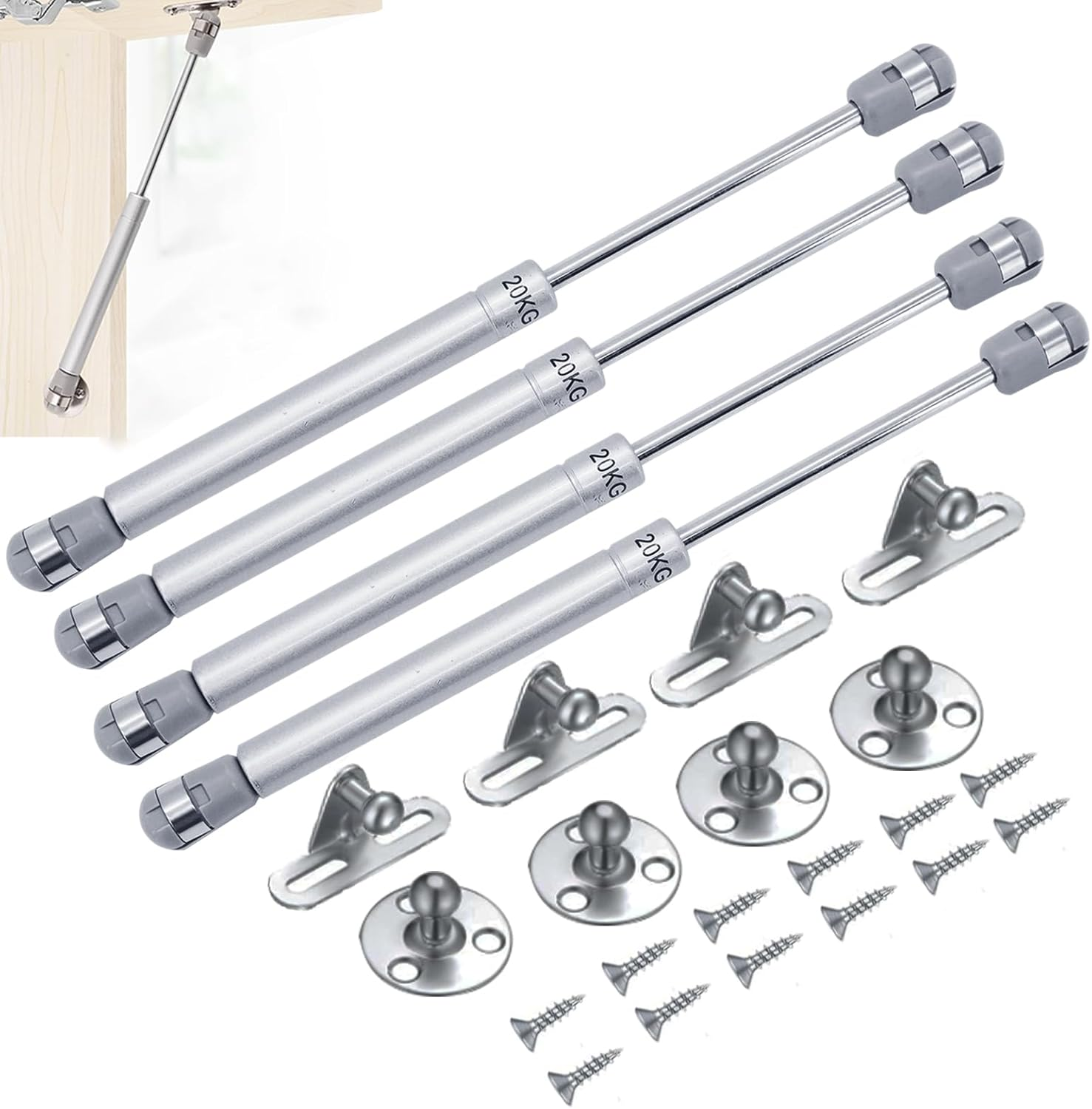 4 Pcs Gas Struts 200N, 20KG Gas Struts Heavy Duty Cabinet Door Hinges Gas Spring Strut Lift Stay Support Gas Strut for Kitchen Cupboard Wardrobe Cabinet Door, Silver image number 5