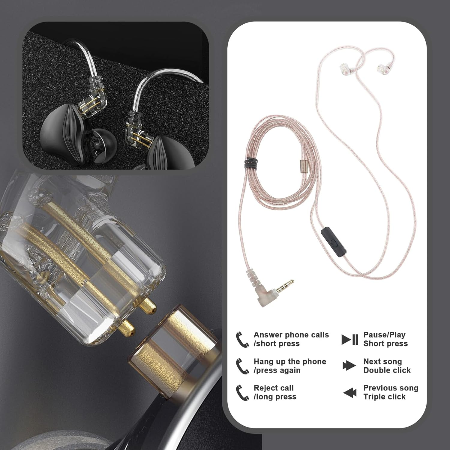 SING F LTD C Pin 3.5Mm Earbud Replacement Cable with Mic Compatible with KZ ZST/ZSR/ ED12/ ES3/ ES4/ ZS10/ AS06 Stereo Earphone Wire