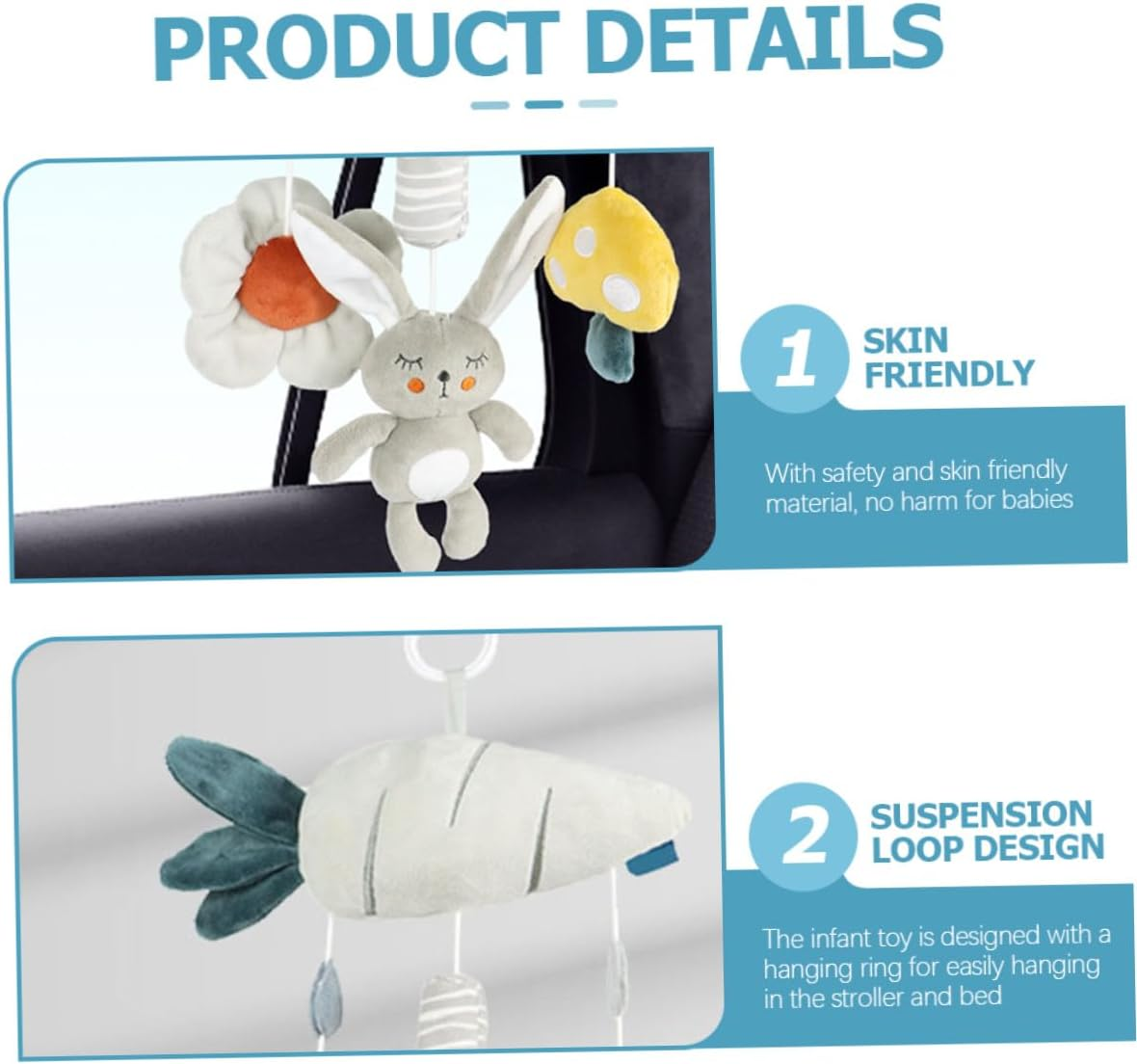 Plush Stroller Hanging Rattle with Built Sound Soft Sensory Crib and Car Seat Activity for Newborns Years Gray Bunny and Carrot Design Travel-Friendly image number 4