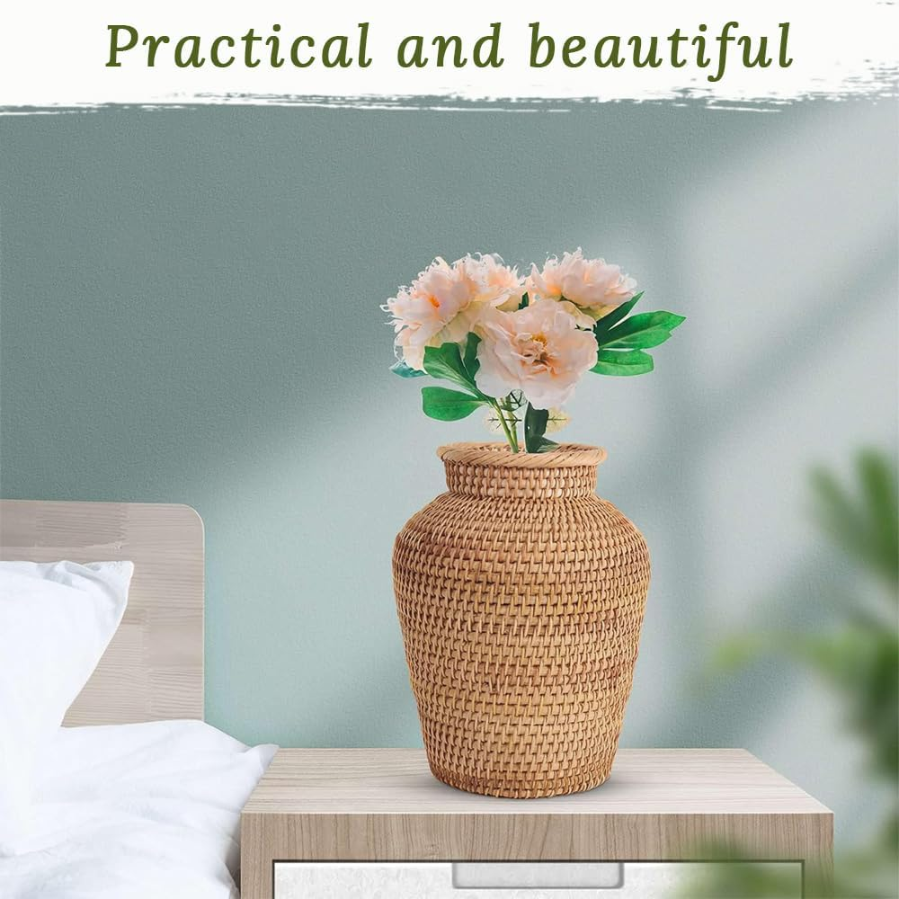 Desktop Hand-Woven Rattan Vase, Chinese Retro Plant Plastic Wicker Vase, Suitable for Home Decoration, Living Room, Office, Hotel, Craft Decoration image number 1