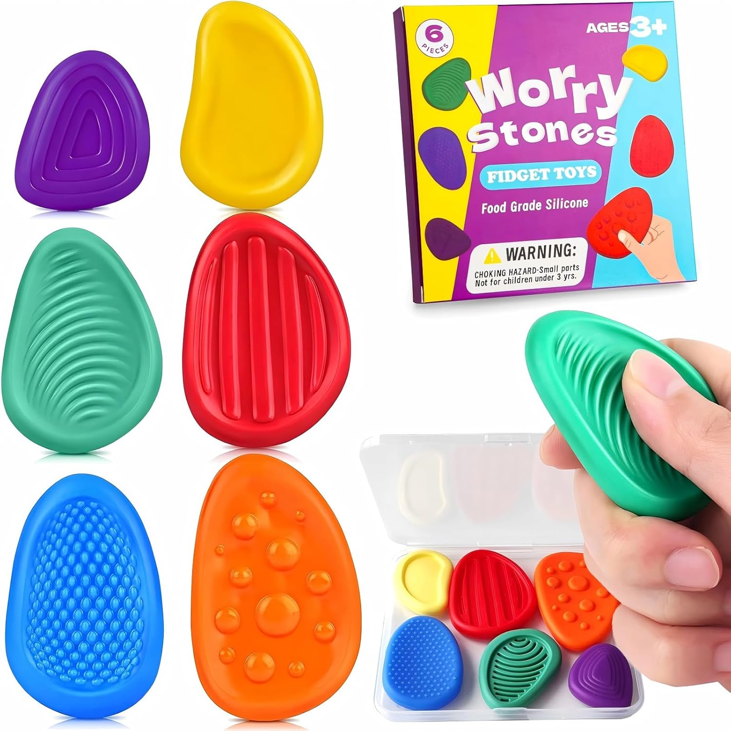 Fidget Toys Sensory Stone for Kids - 6 Pack Textured Soft Worry Stone for Autism Toddler Girls Boys Adults Calming, Fidget Stress Toys for Students Anxiety Relief - Small Prizes Fidget Spinner image number 4