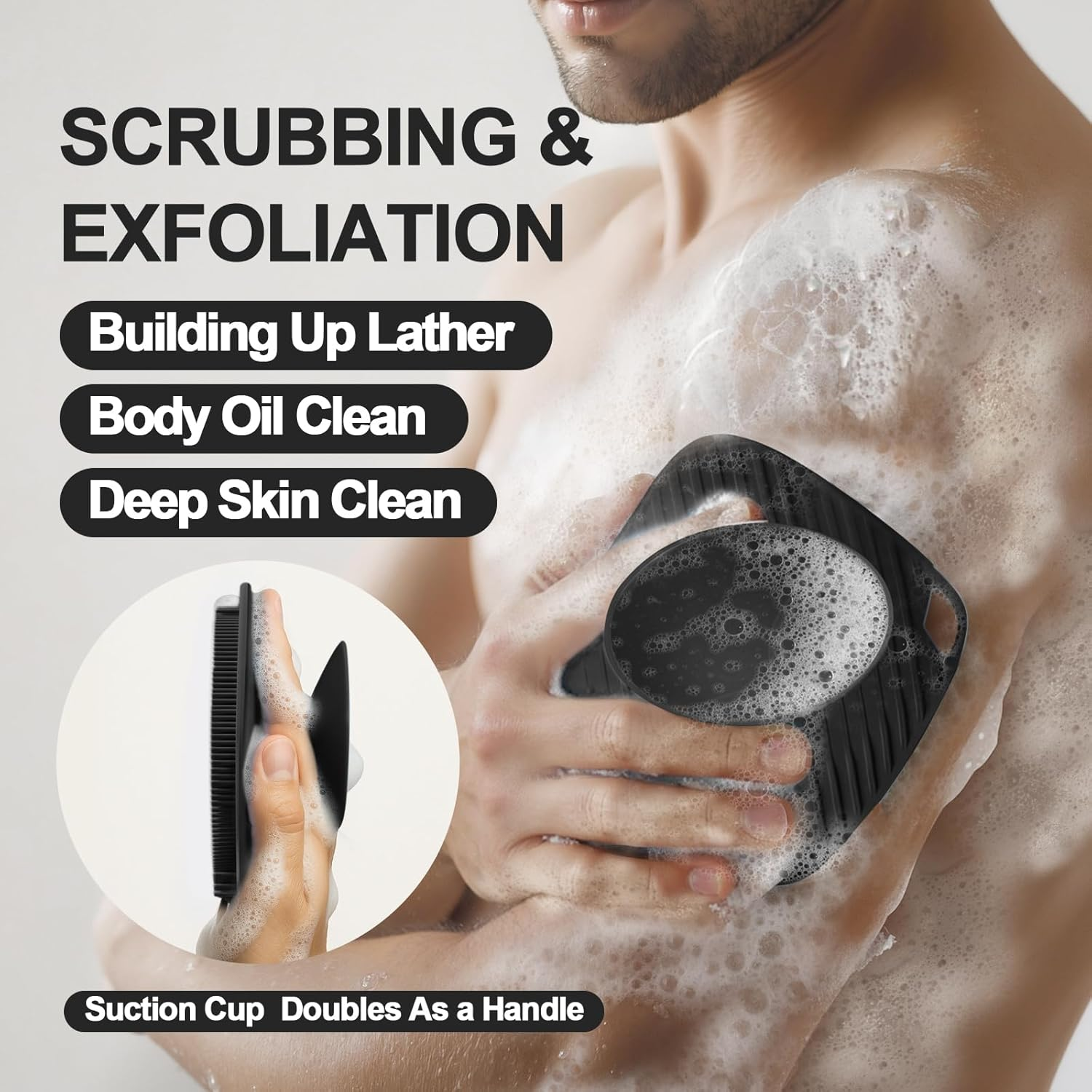 ARIOSOX Silicone Body Scrubber with Suction Cup, Gentle Texture Exfoliating Body Scrubber for Men and Women on Sensitive Skin, Build up Lather, Deep Skin Clean (Body+ Face Scrubber Black) - Black image number 7