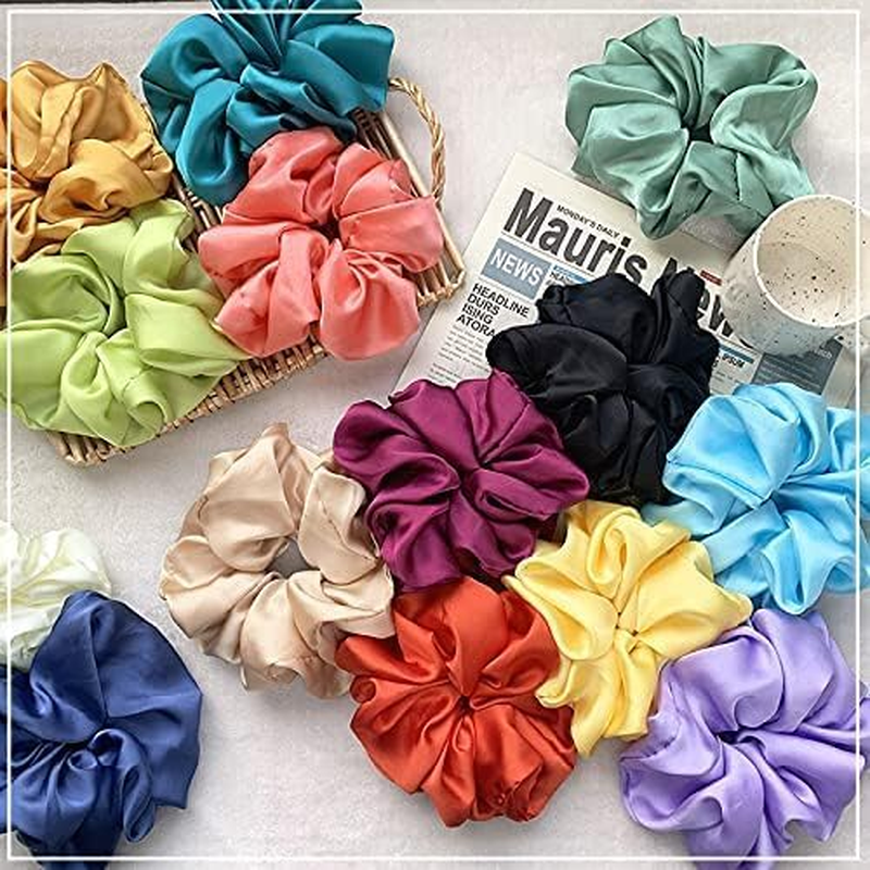Pack of 4 Massive Silk Scrunchies, Oversized Scrunchies for Thick Hair, Satin Scrunchies, Hair Bobbles for Women (Black/Beige/Khaki/Turmeric) image number 2