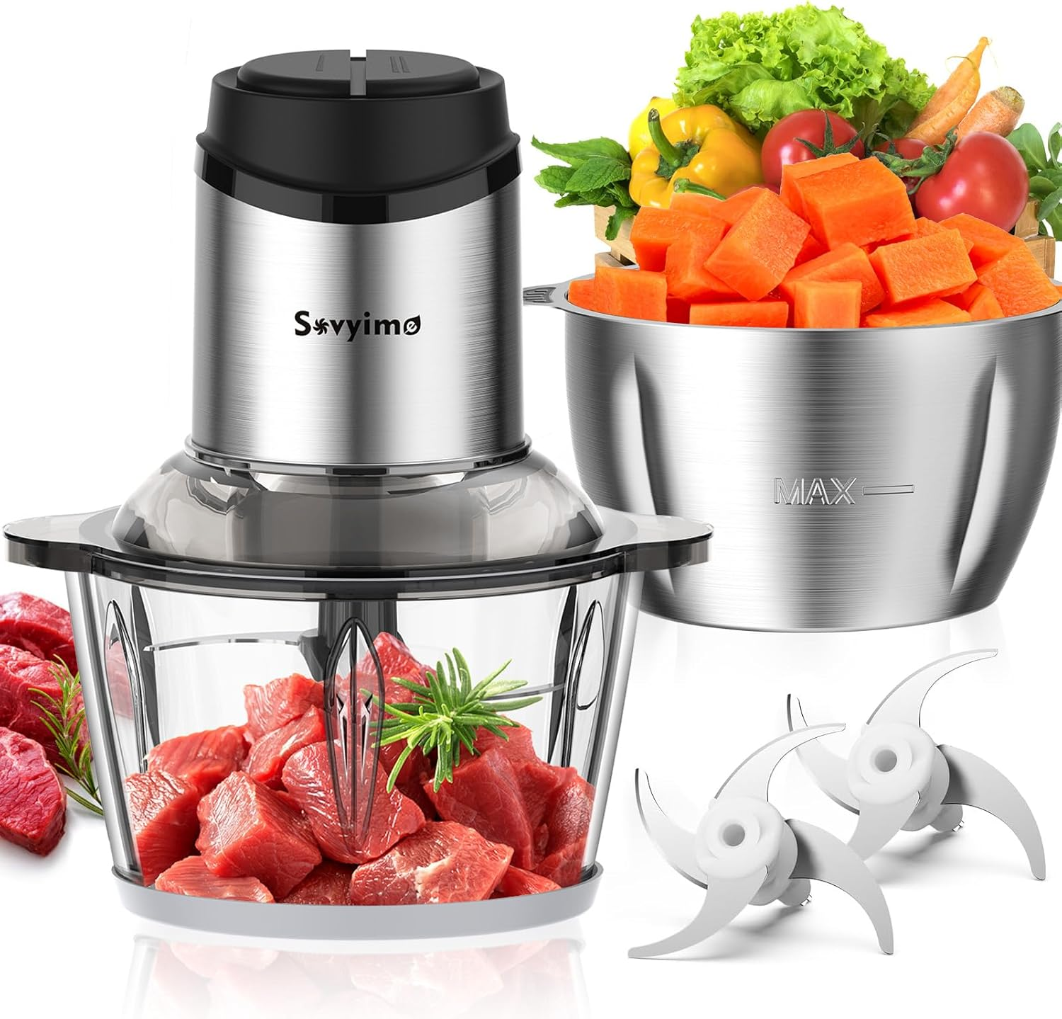 Sovyime Food Processor with 2 Bowls(2L+2L), Food Chopper with 2 Sets Bi-Level Blades, Mini Food Processor Vegetable Chopper Meat Grinder for Kitchen Electric Mini Chooper for Onion Salad Garlic Fruit image number 4